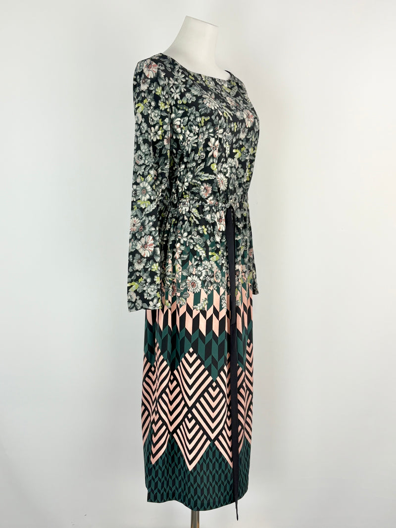 Megan Park Silk-Blend Floral & Geometric Print Midi Dress - AU6/8