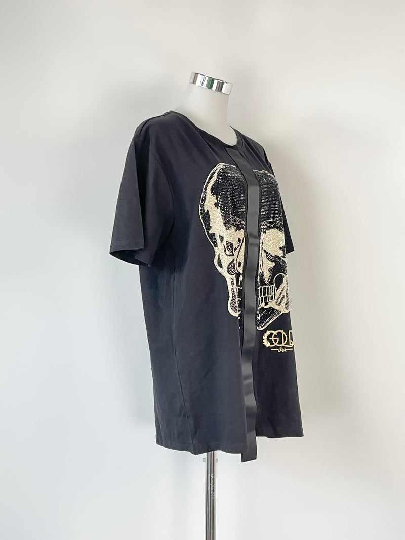 Million&Man Black Diamante Skull T-Shirt - L