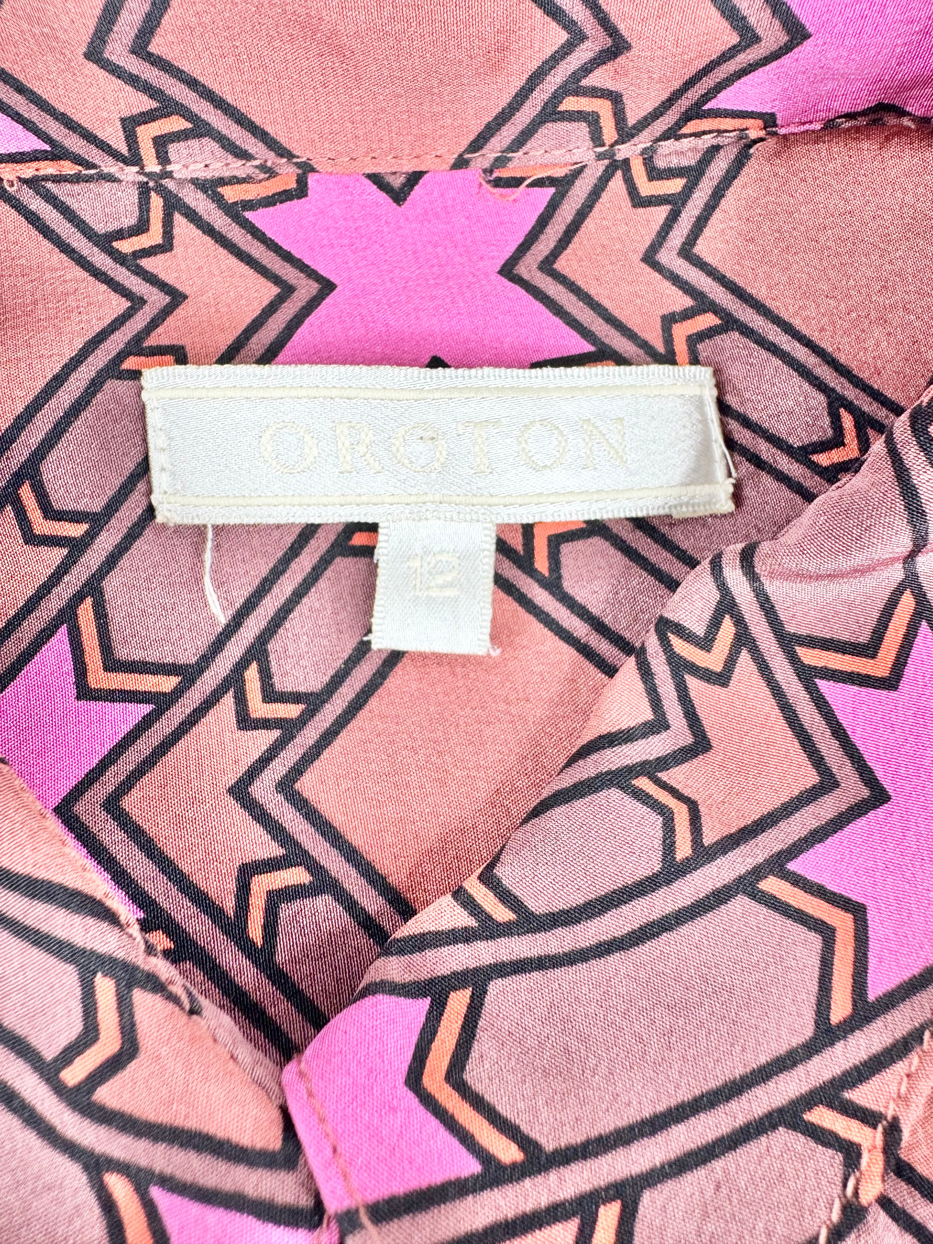 Oroton Pink and Burgundy Geometric Print Long Sleeve Shirt- AU12