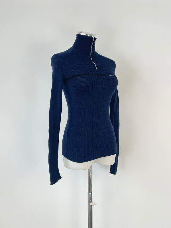 Prada Navy Blue Wool-Knit 1/4 Zip Sweater - AU4/6