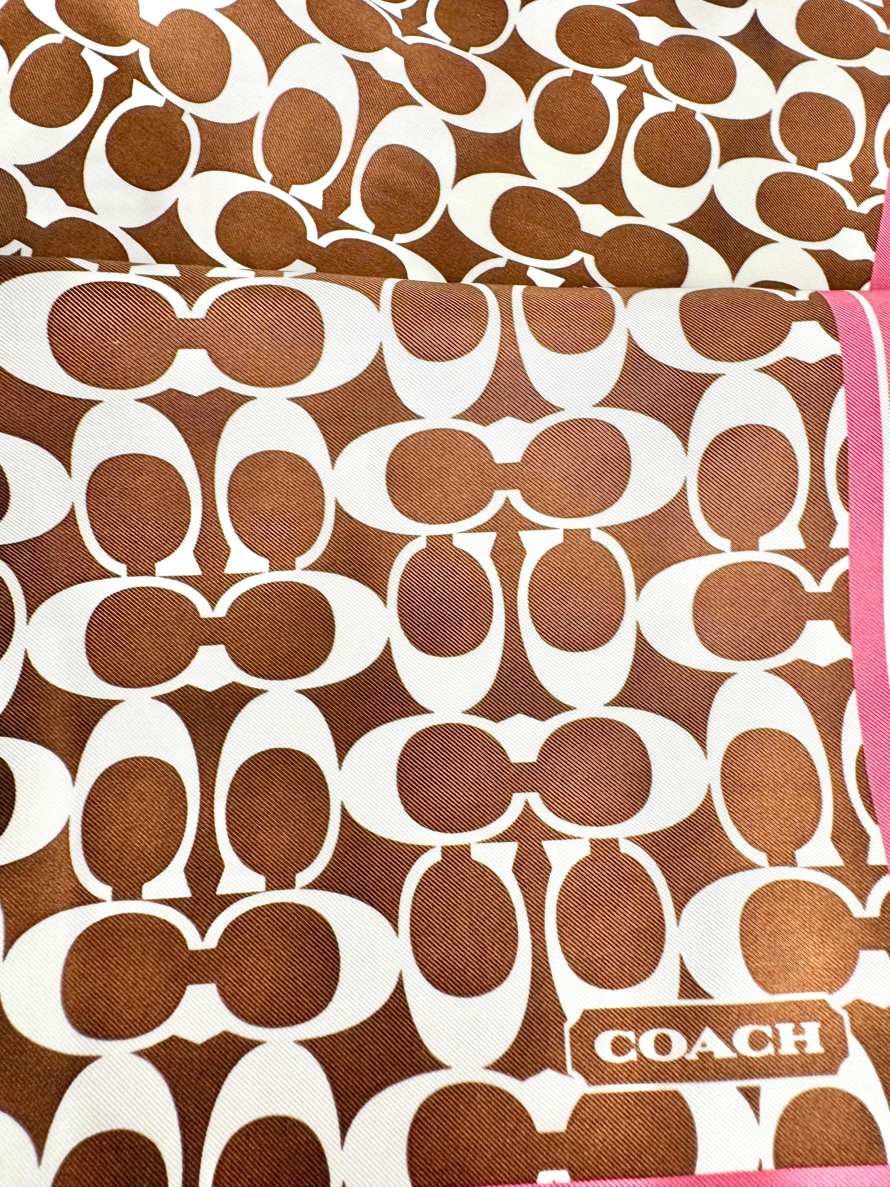 Coach Chocolate & Rose Pink Silk Logo Scarf