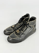 Versace Collection Black Leather & Gold Trim High-Top Sneakers - EU45