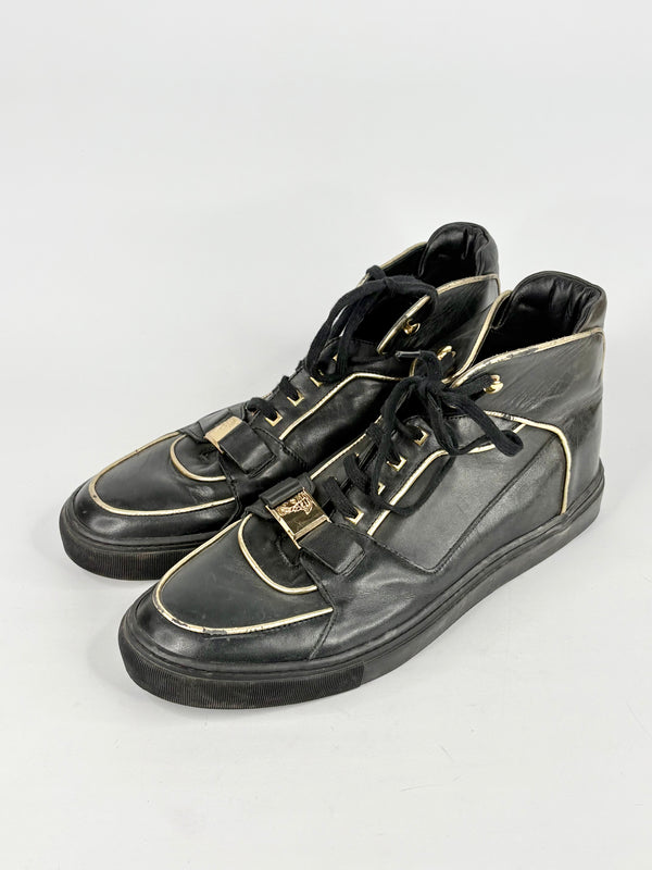Versace Collection Black Leather & Gold Trim High-Top Sneakers - EU45