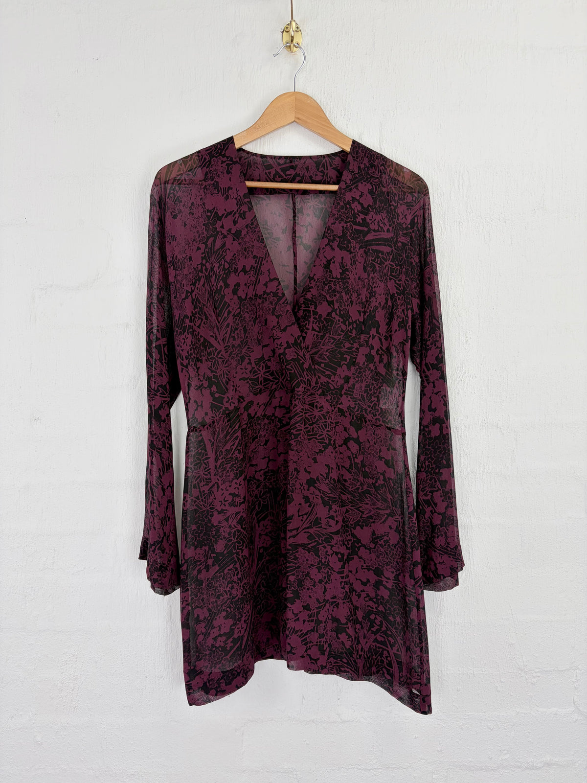 Vixen Australia Burgundy & Black Botanical Patterned Sheer Silk Dress - AU8