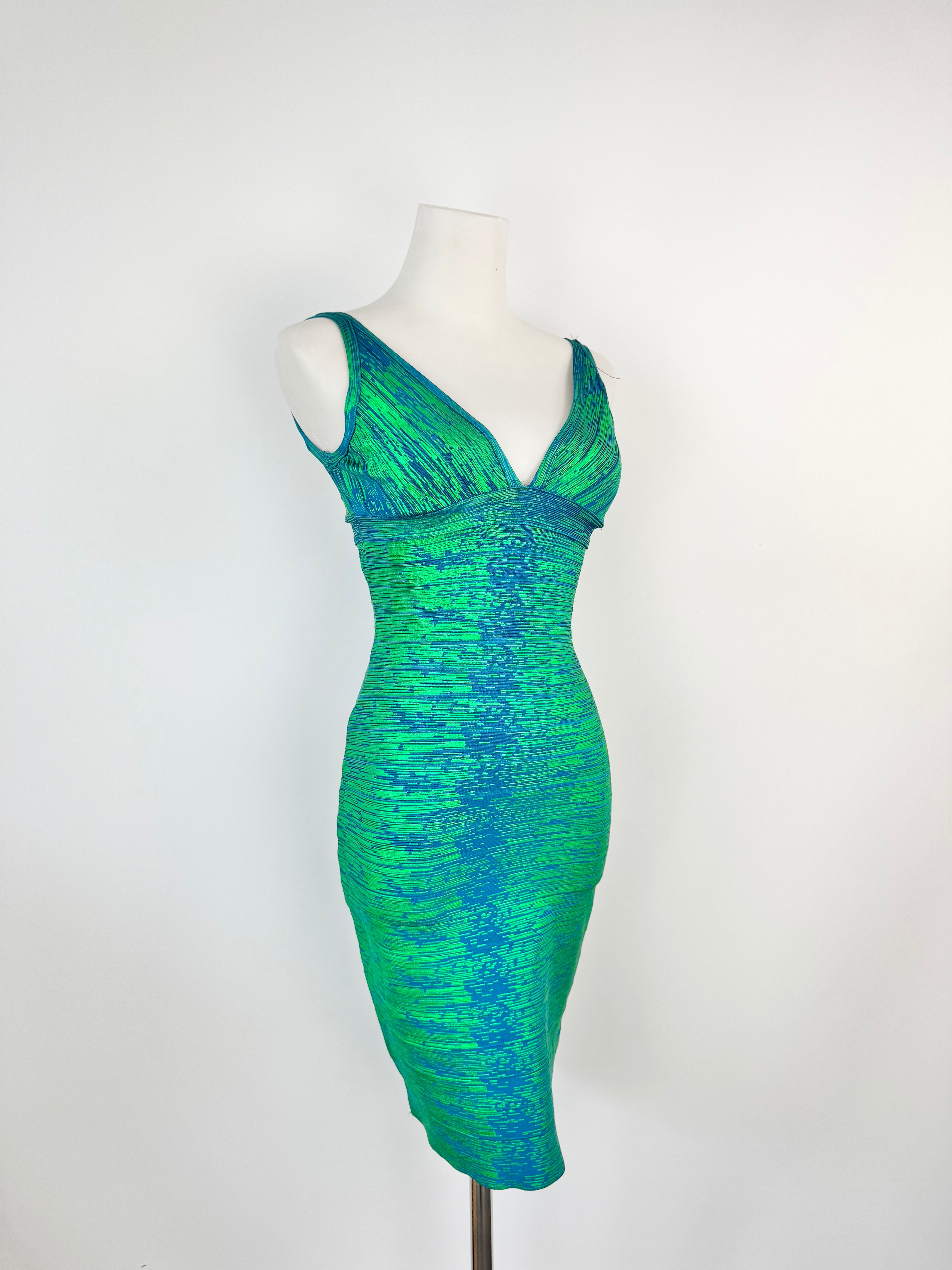 Y2K Herve Leger Metallic Green & Blue Bandage Dress - AU10