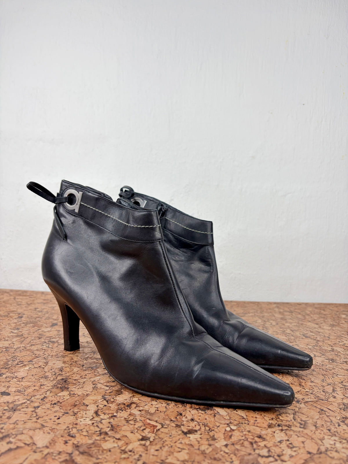 Salvatore Ferragamo Smooth Black Leather Pointed Toe Ankle Boots - EU40
