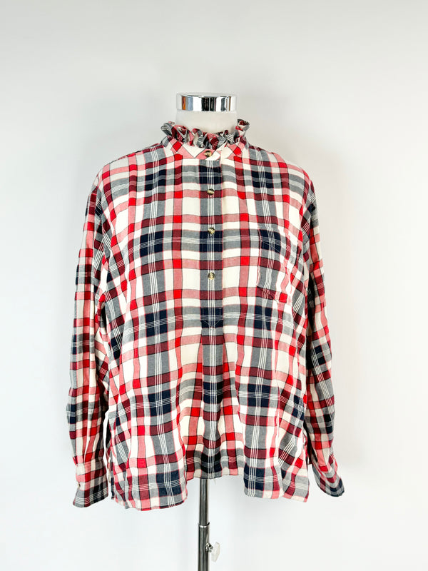 Alessandria Burnt Orange Plaid Ruffle Trim Blouse - AU16