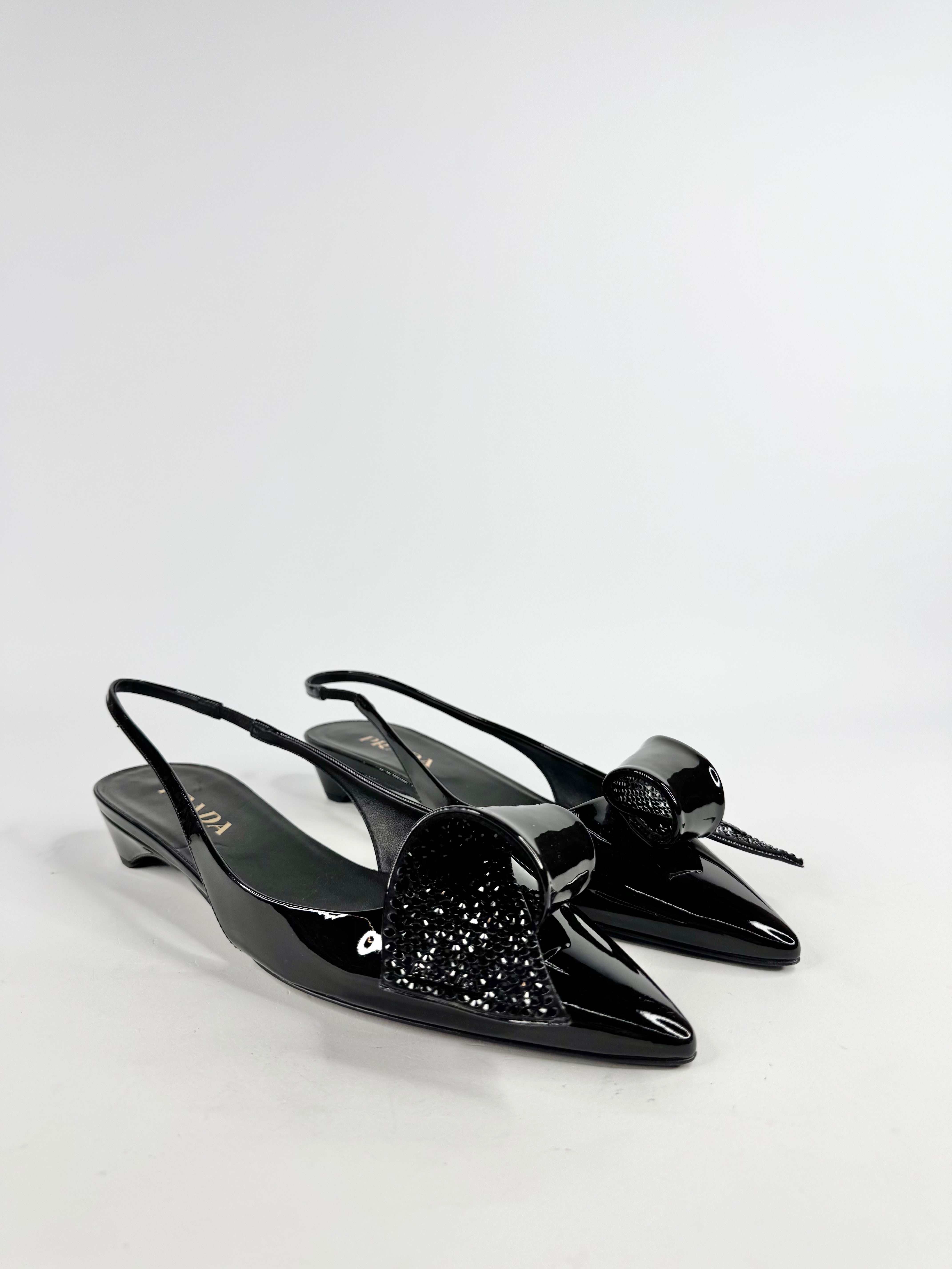 Prada Crystal Embellished Patent Leather Sling Backs - EU40
