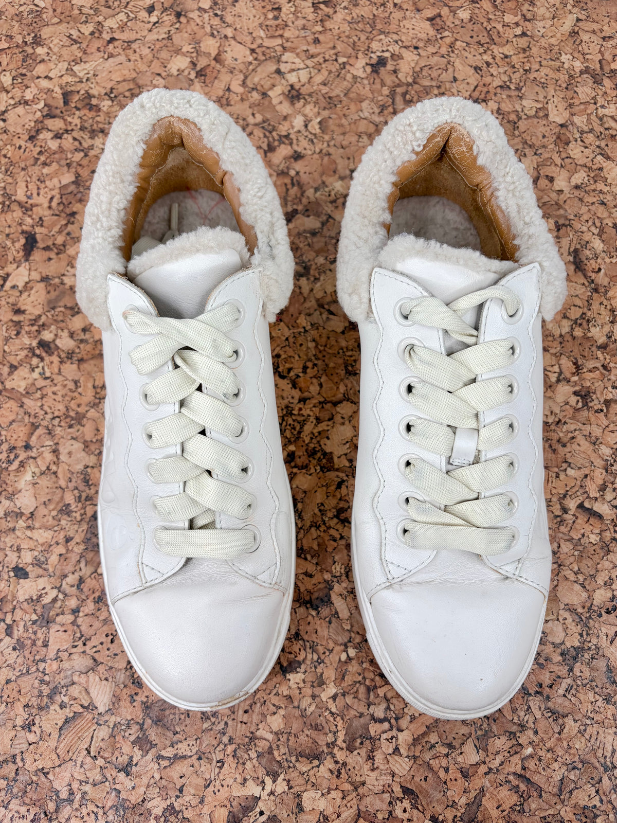See by Chloé Ecru Shearling Trim Leather Lace Up Sneakers - EU40