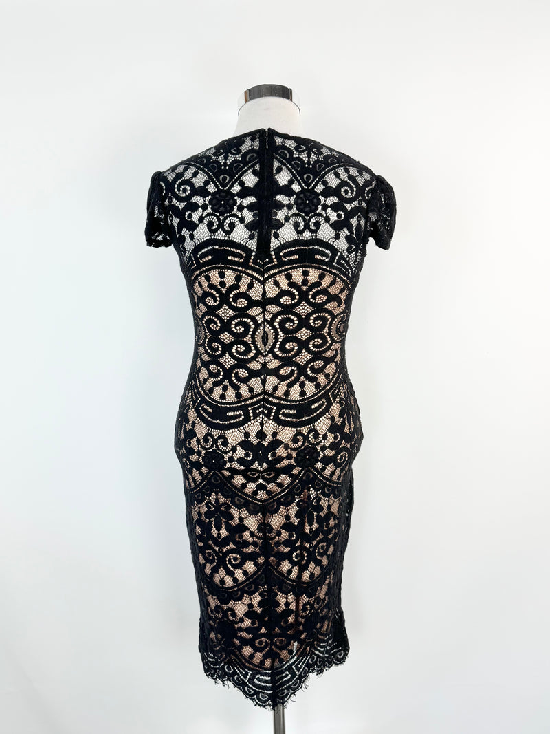 Goddiva London Black Lace Biege Body Con Dress - AU12