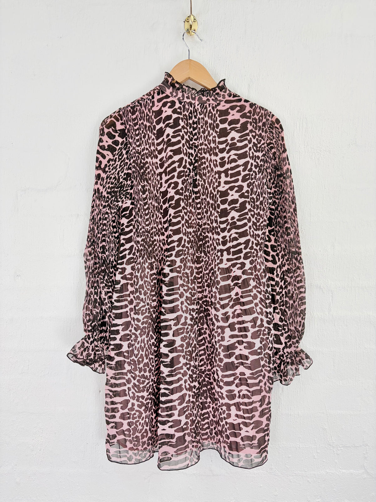 Ganni Pink & Brown Leopard Print Pattern Pleated Georgette Mini Dress - AU10