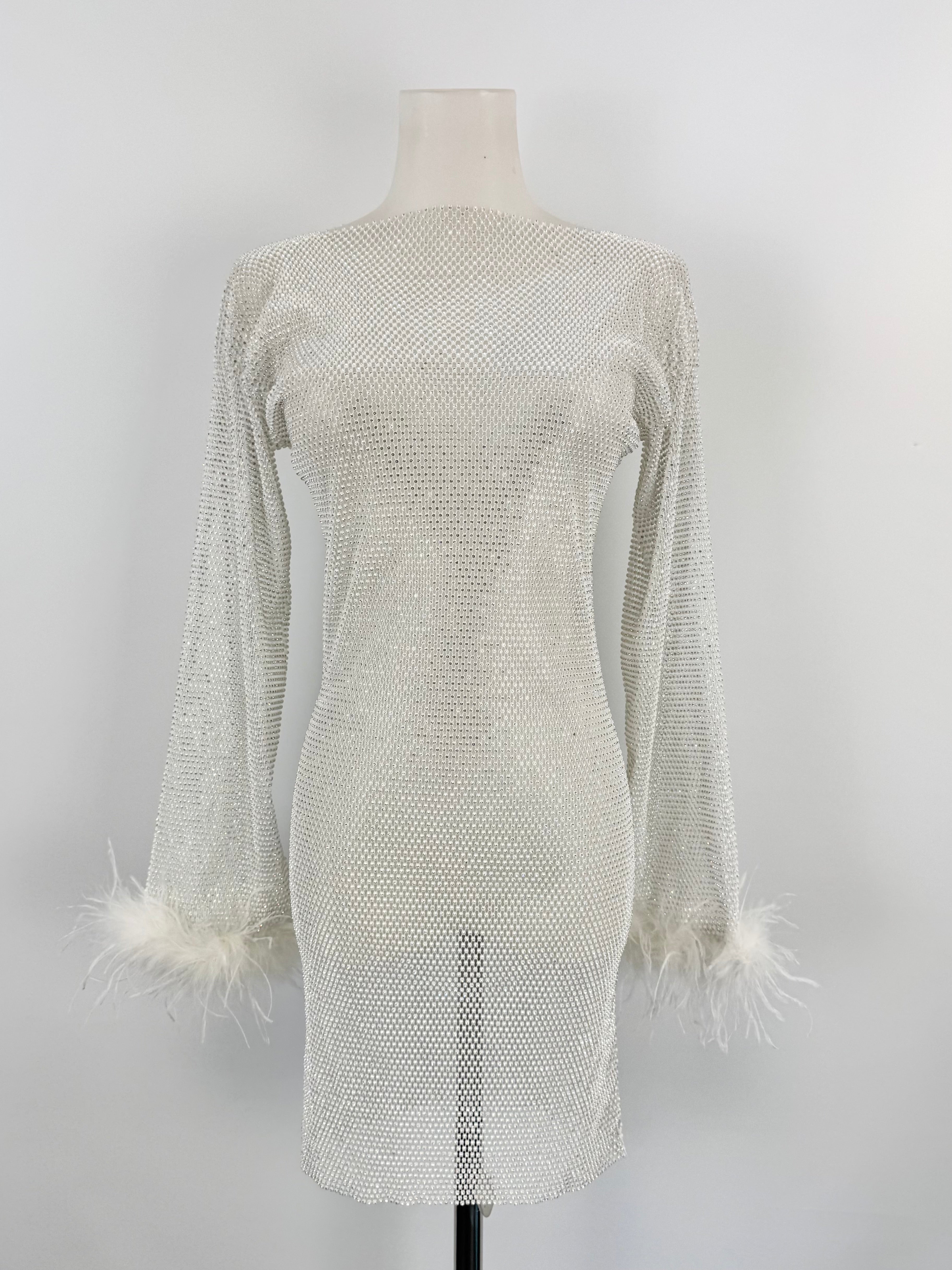 Sheer Rhinestone & Feather Long Sleeve Dress - AU8/10
