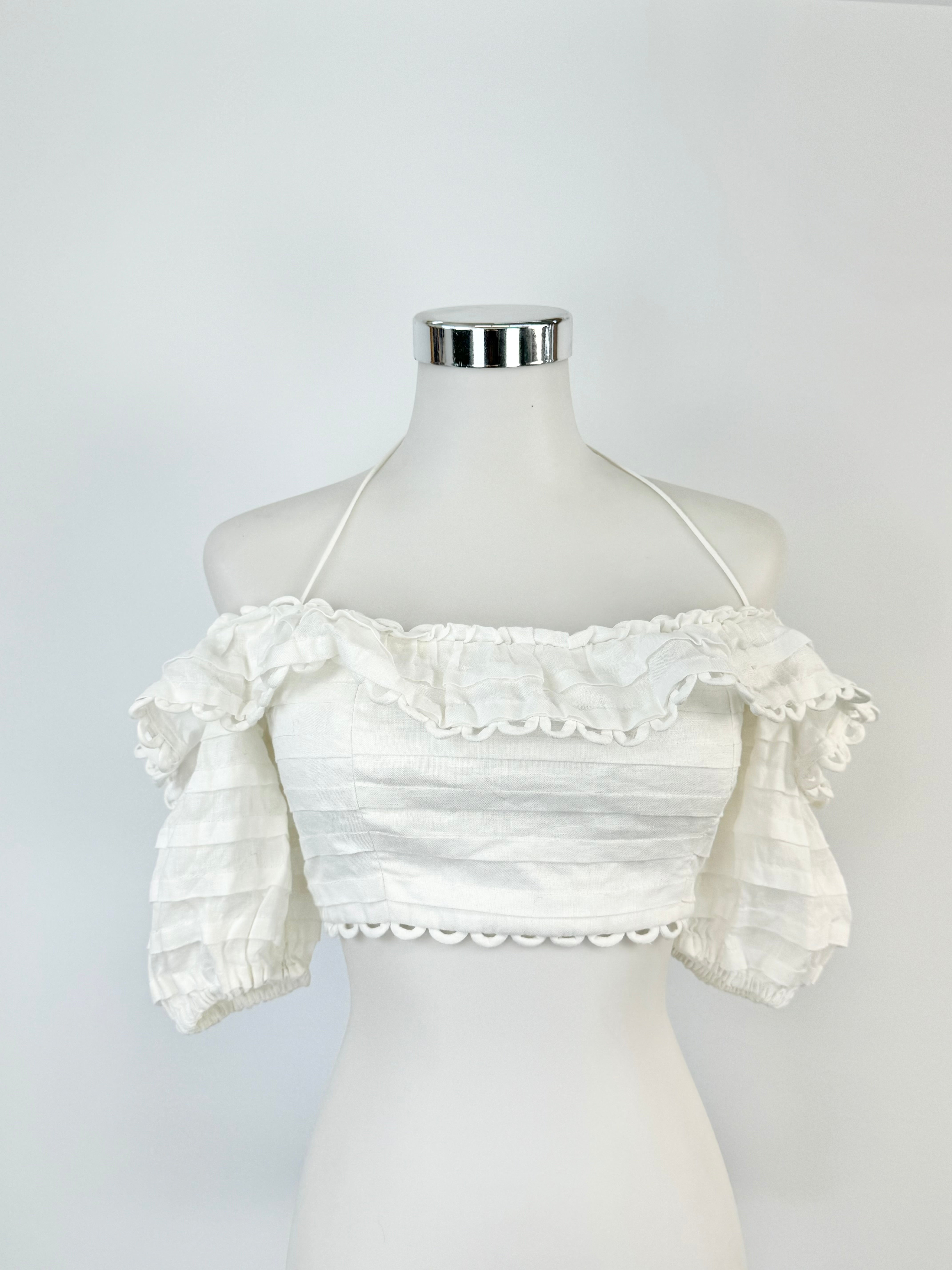 Zimmermann White Linen Puff Sleeve Crop Top - AU6/8