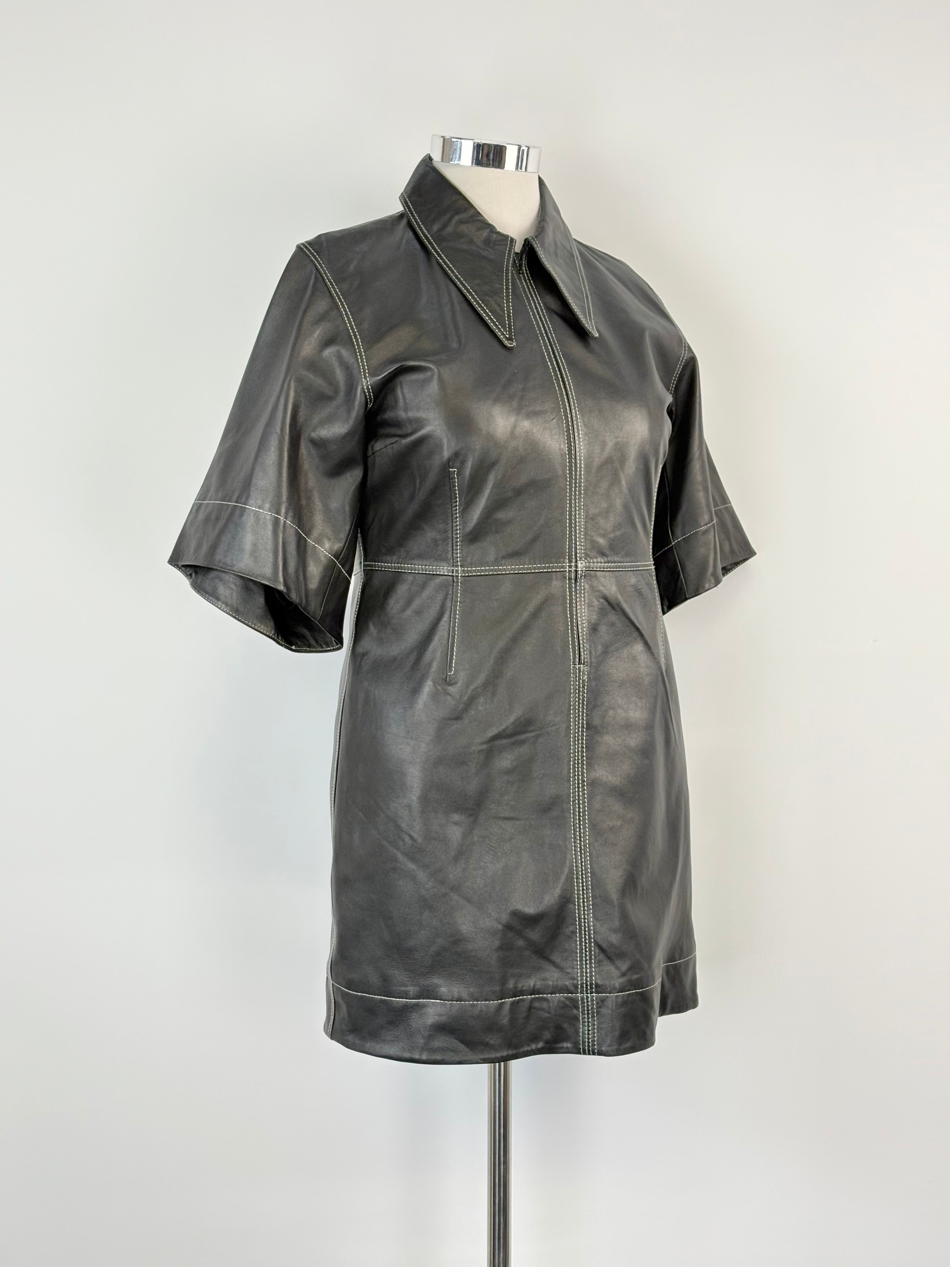 Ganni Black Leather Mini Dress - AU14