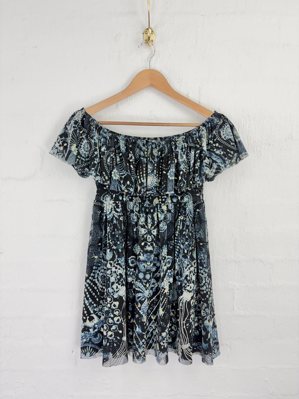 Jean Paul Gaultier Soleil Black & Blue Floral Patterned Off Shoulder Mini Dress - AU10/12