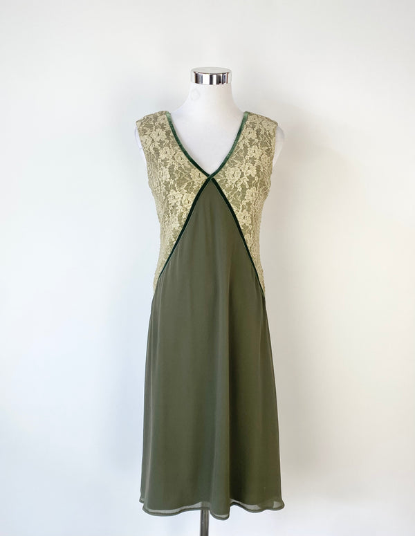 Vintage 90s Moss Green Lace Spliced Dress - AU10