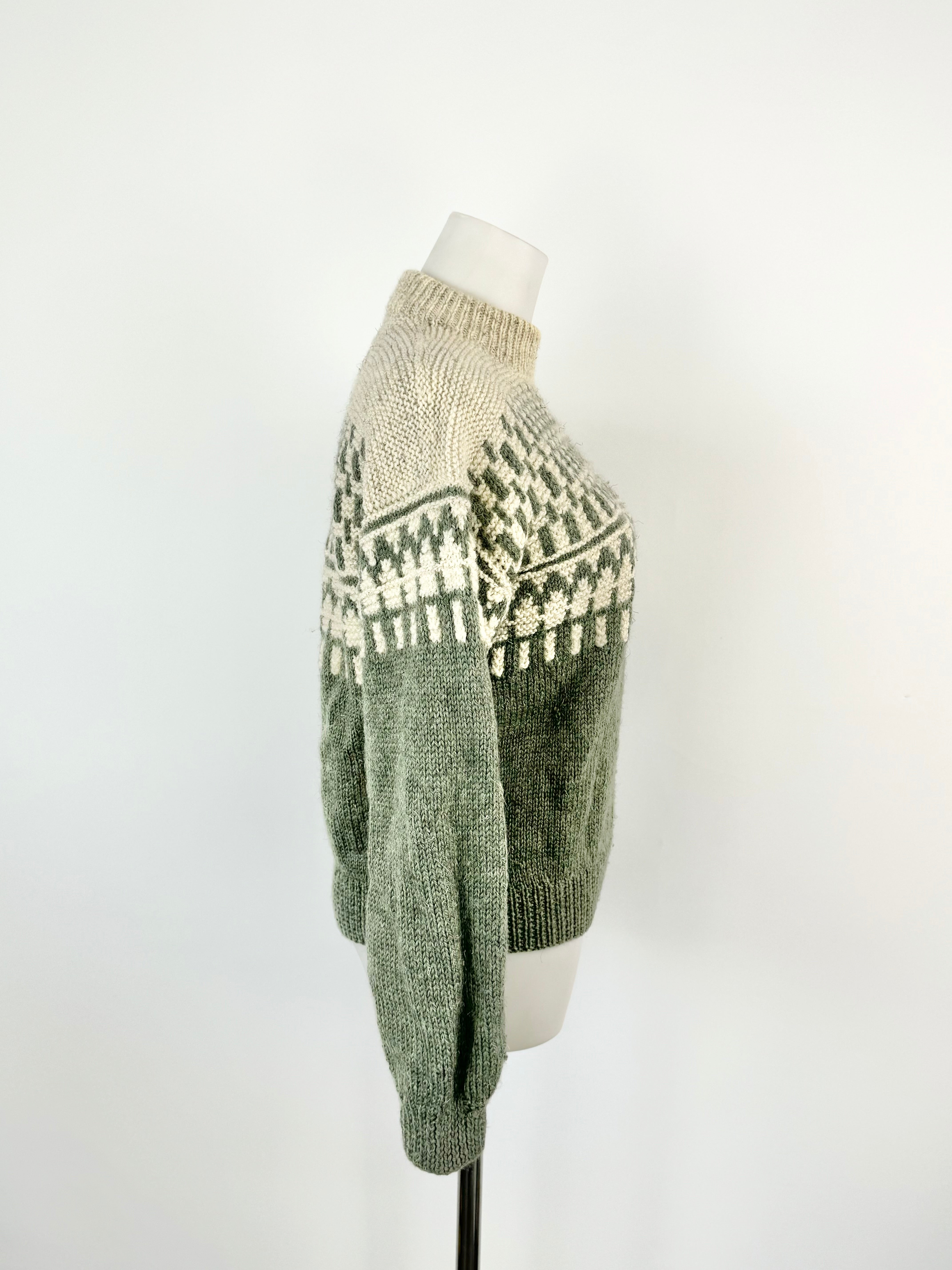 Hand-Made Sage Green & White Knitted Jumper - AU6/8
