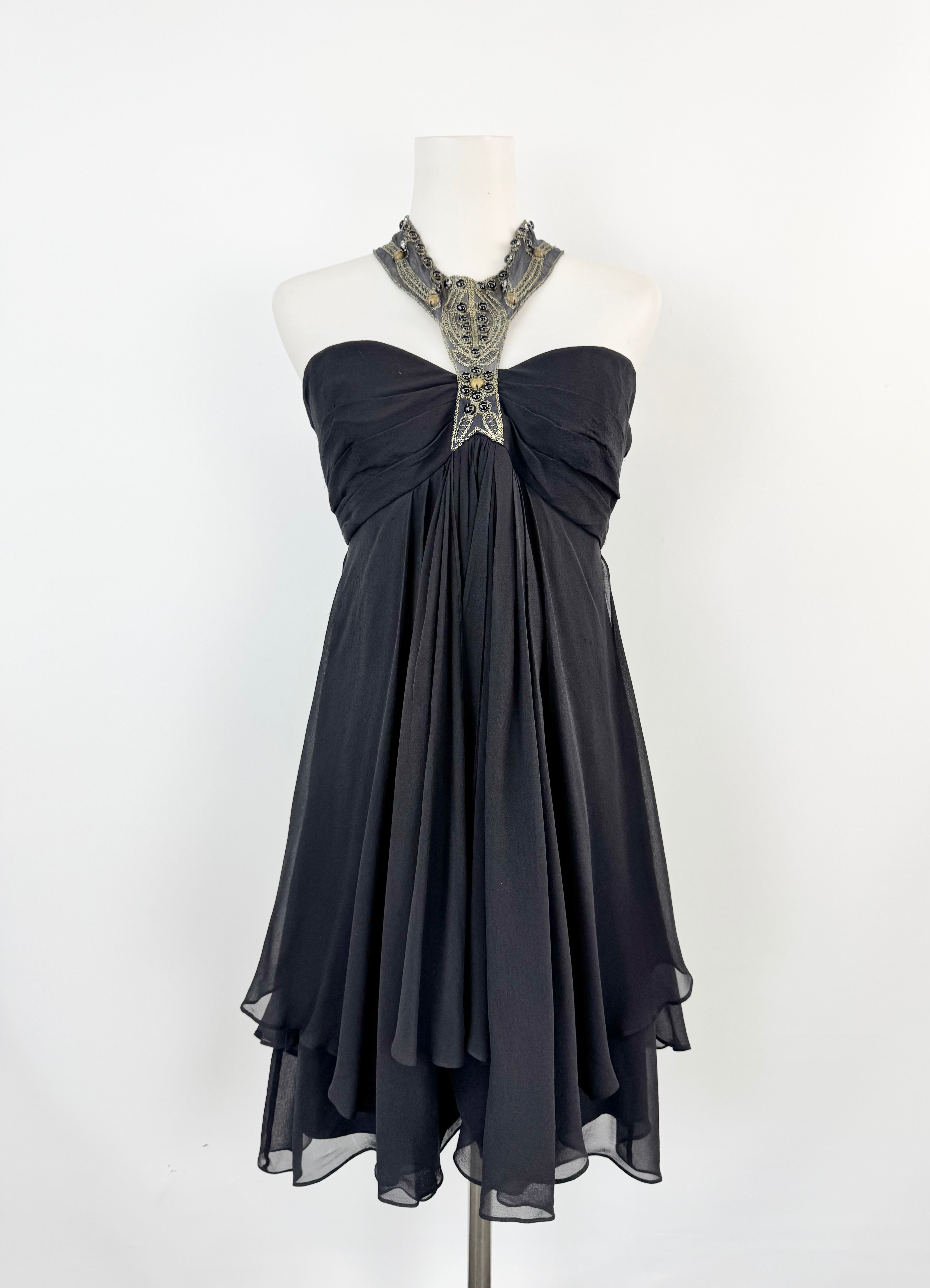Thurley Black Halter Neck Silk Ruffle Hem Dress - AU10