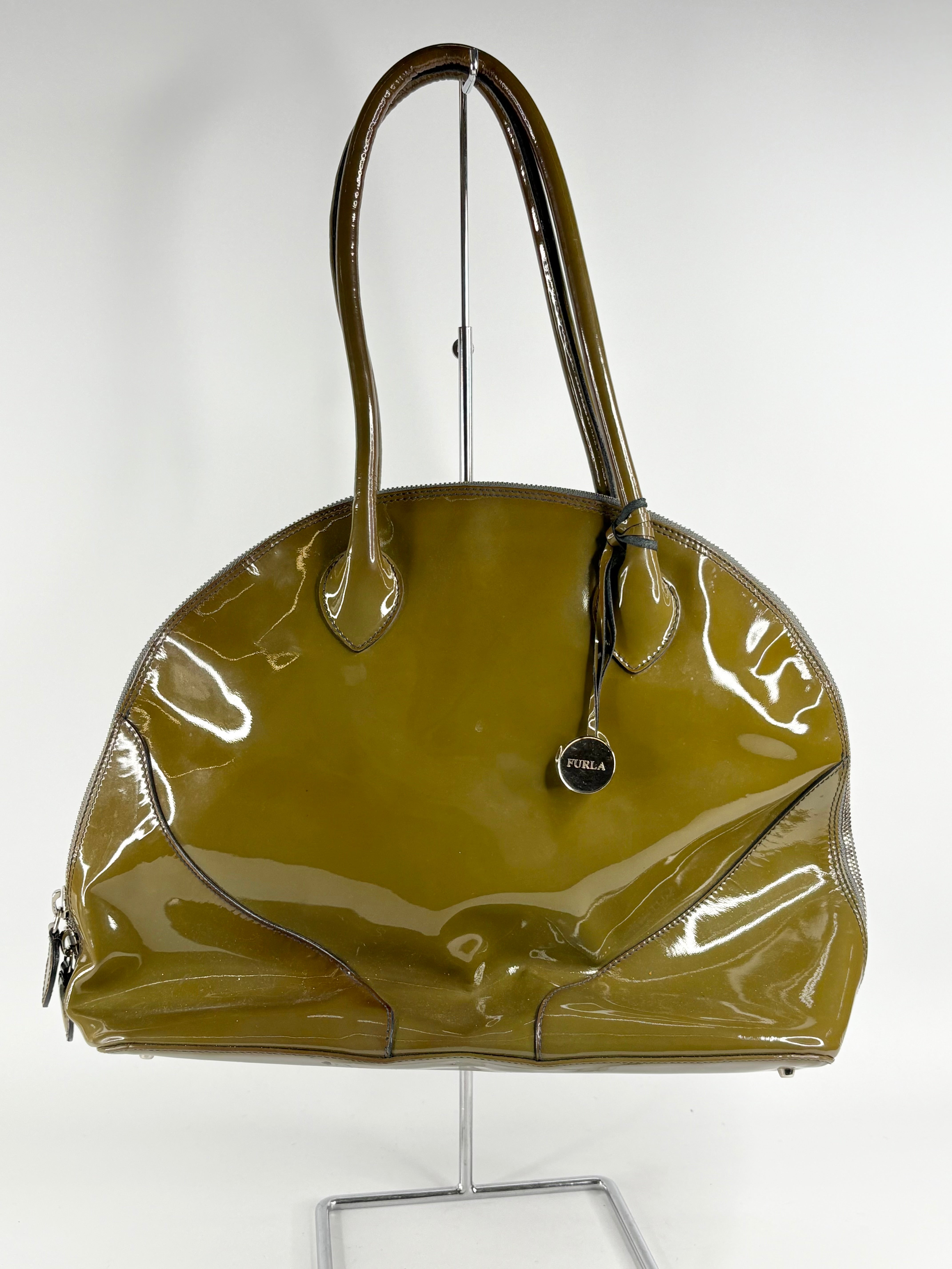 Furla Olive Green Patent Leather Bowling Bag