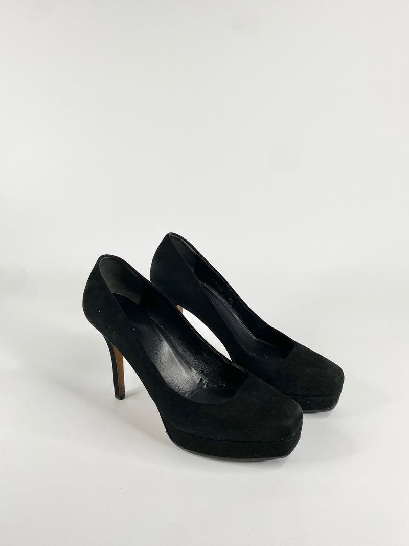 Gucci Black Suede Square Tip Pumps - EU38.5 & EU39