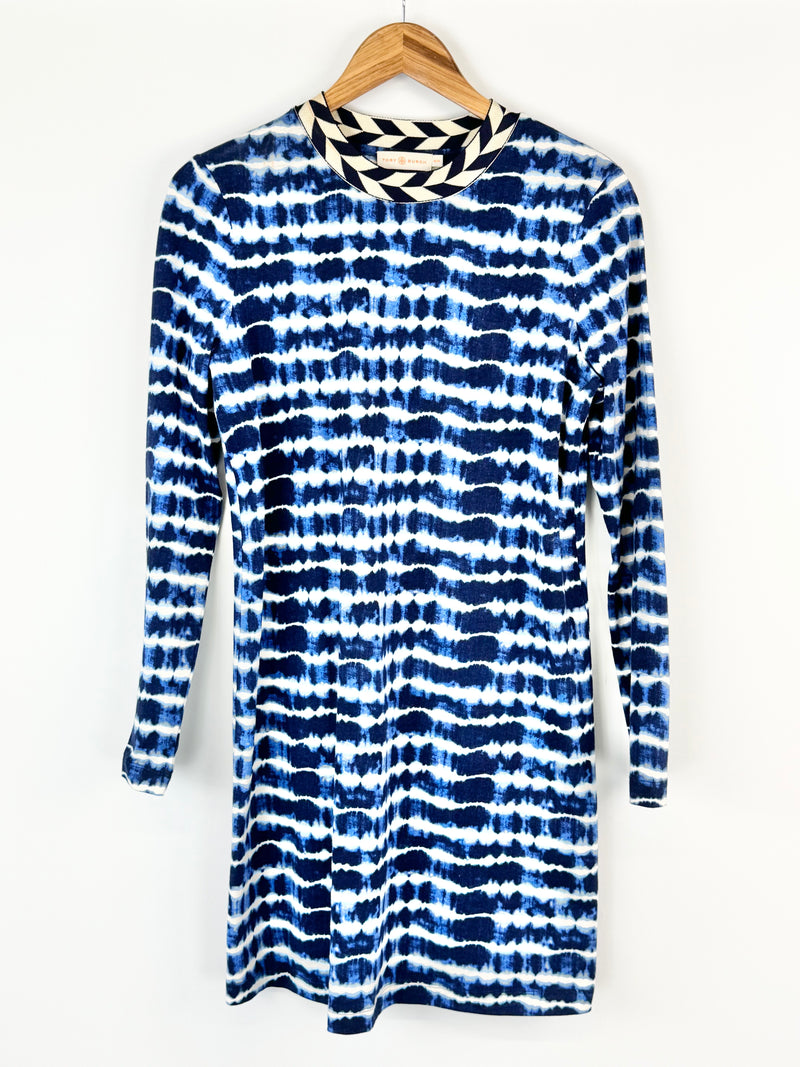 Tory Burch Blue & White 'Hollie' Long Sleeve Shift Dress - AU10/12