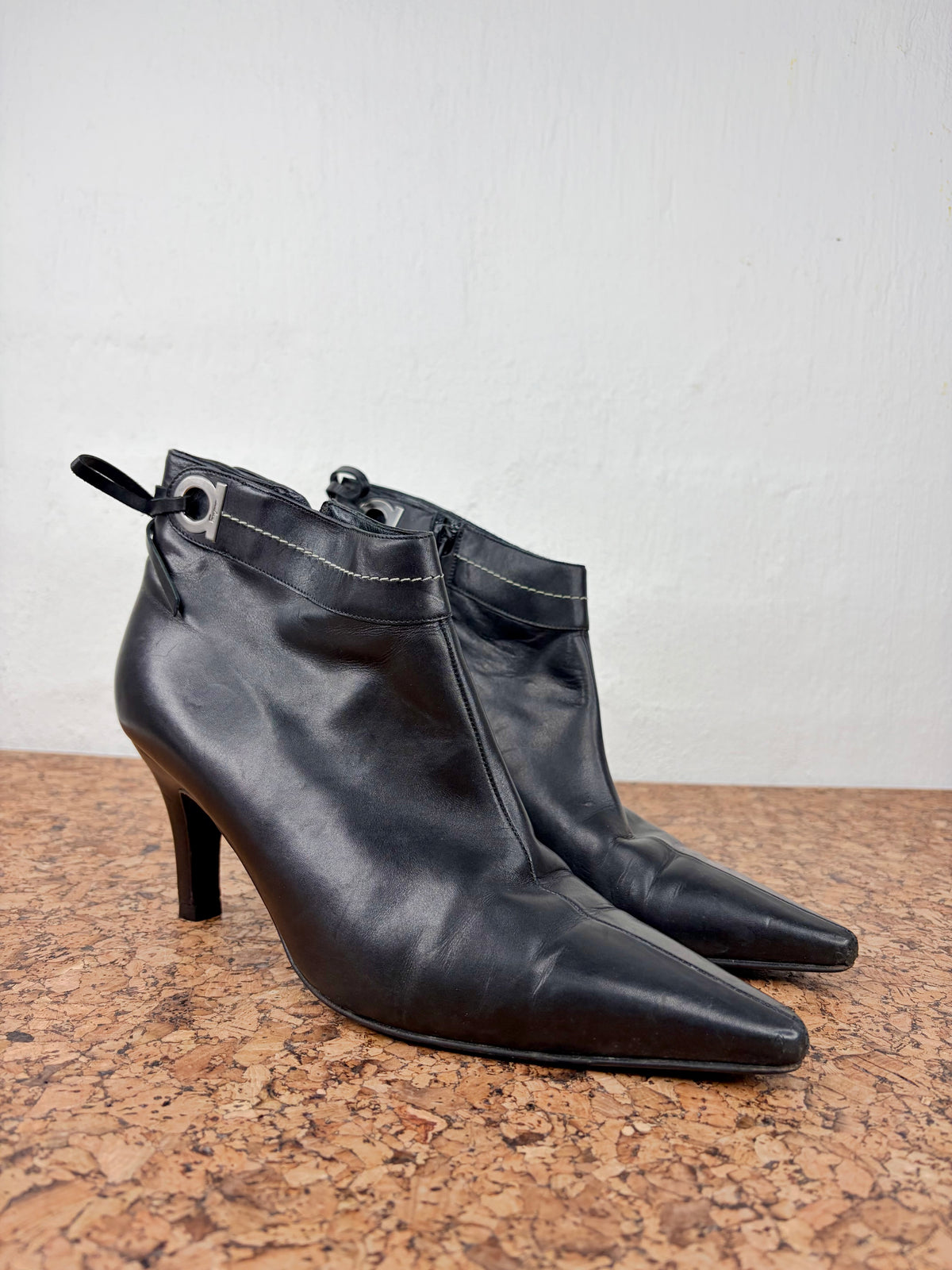 Salvatore Ferragamo Smooth Black Leather Pointed Toe Ankle Boots - EU40