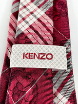 Kenzo Dark Red Plaid with Florals Silk Tie