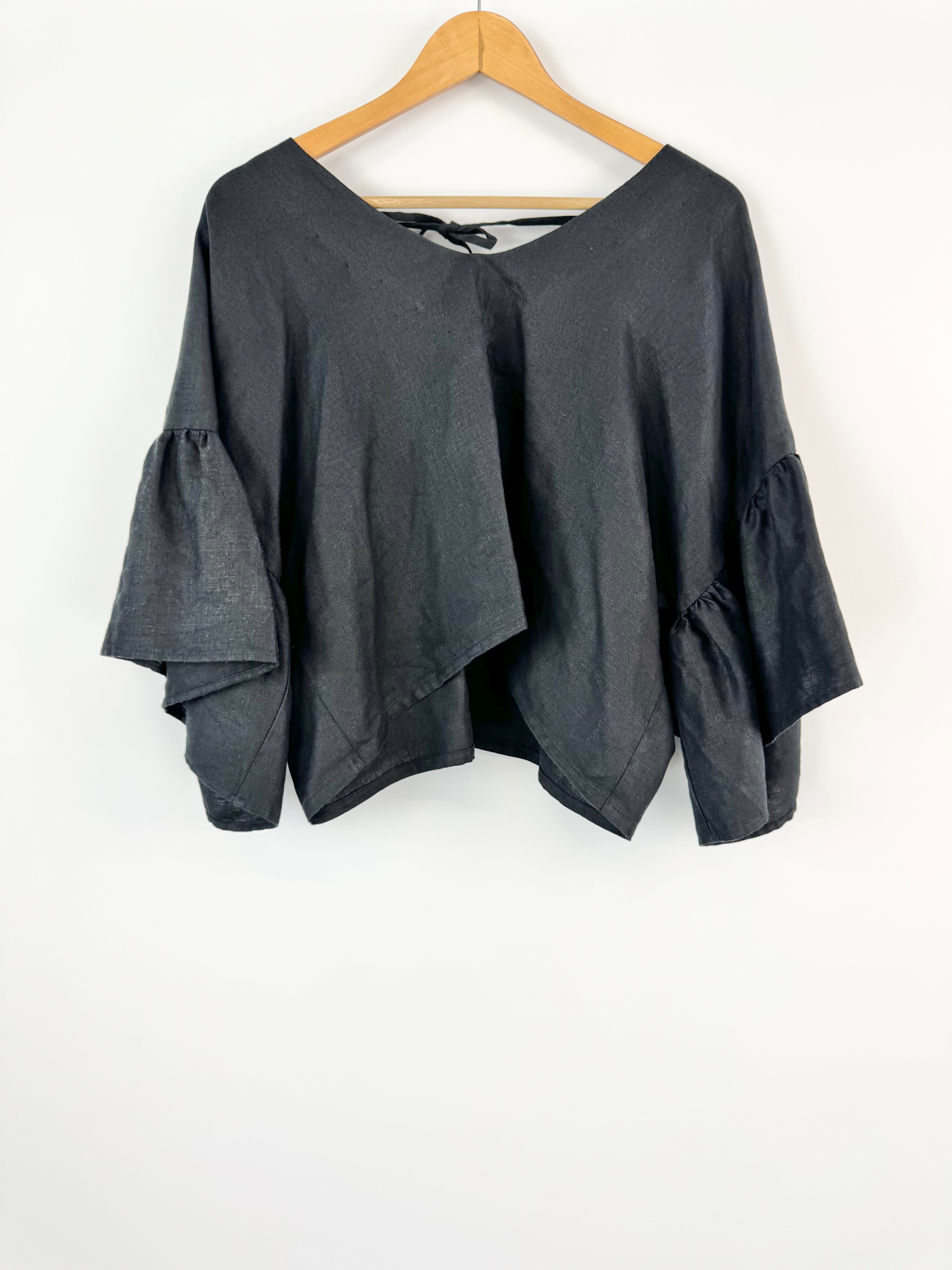 MFW Hunter Black Linen Relaxed Puff Sleeve Top - AU10/12