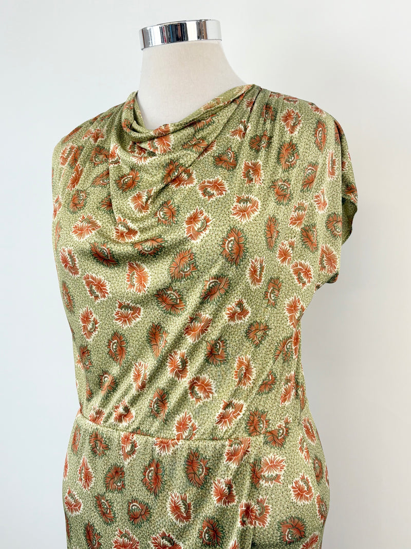 Ibis Peekaboo Olive Green Floral Midi Dress - AU10/12