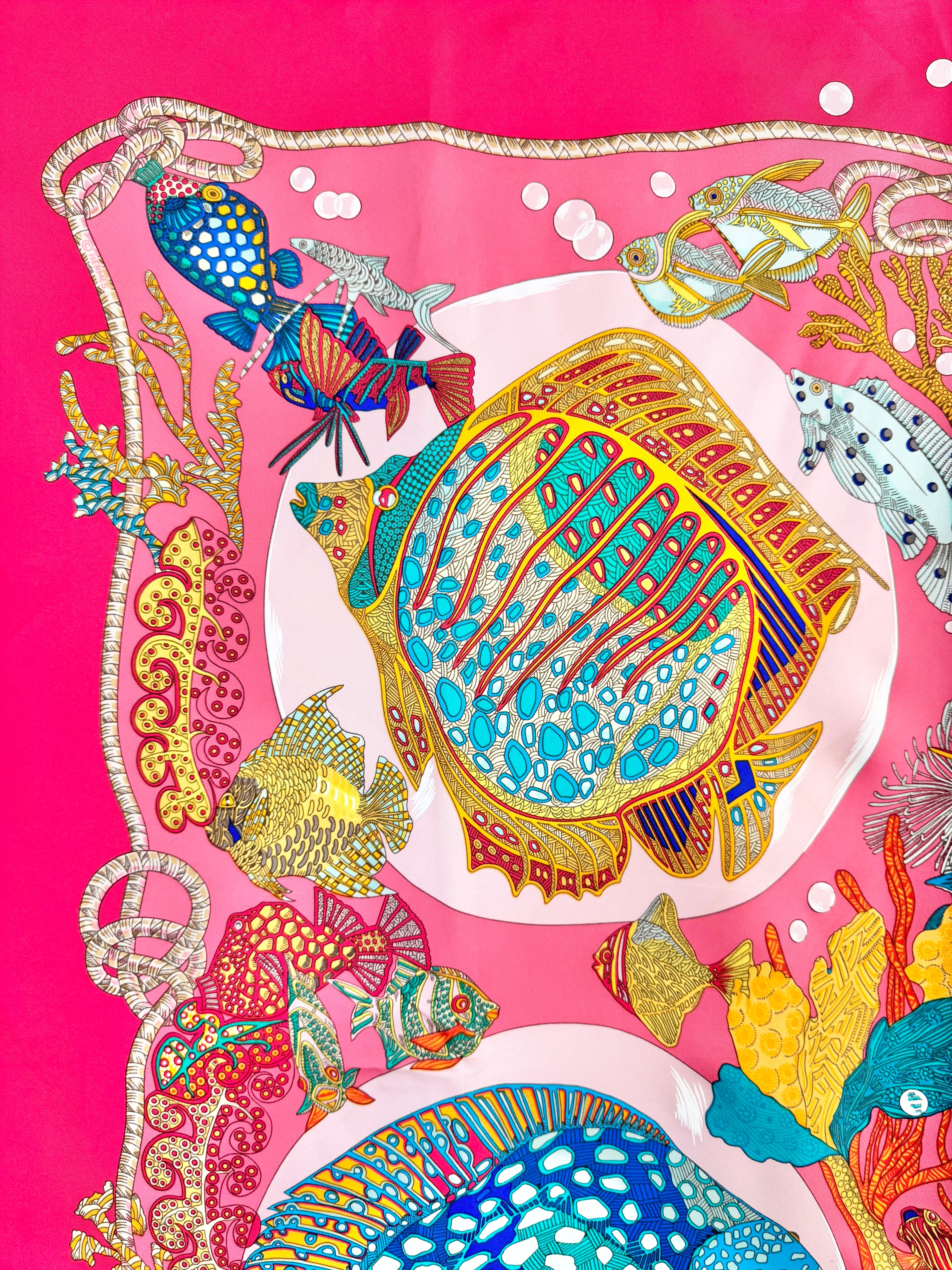Hermès Cerise Pink Accordian Fish Silk Scarf