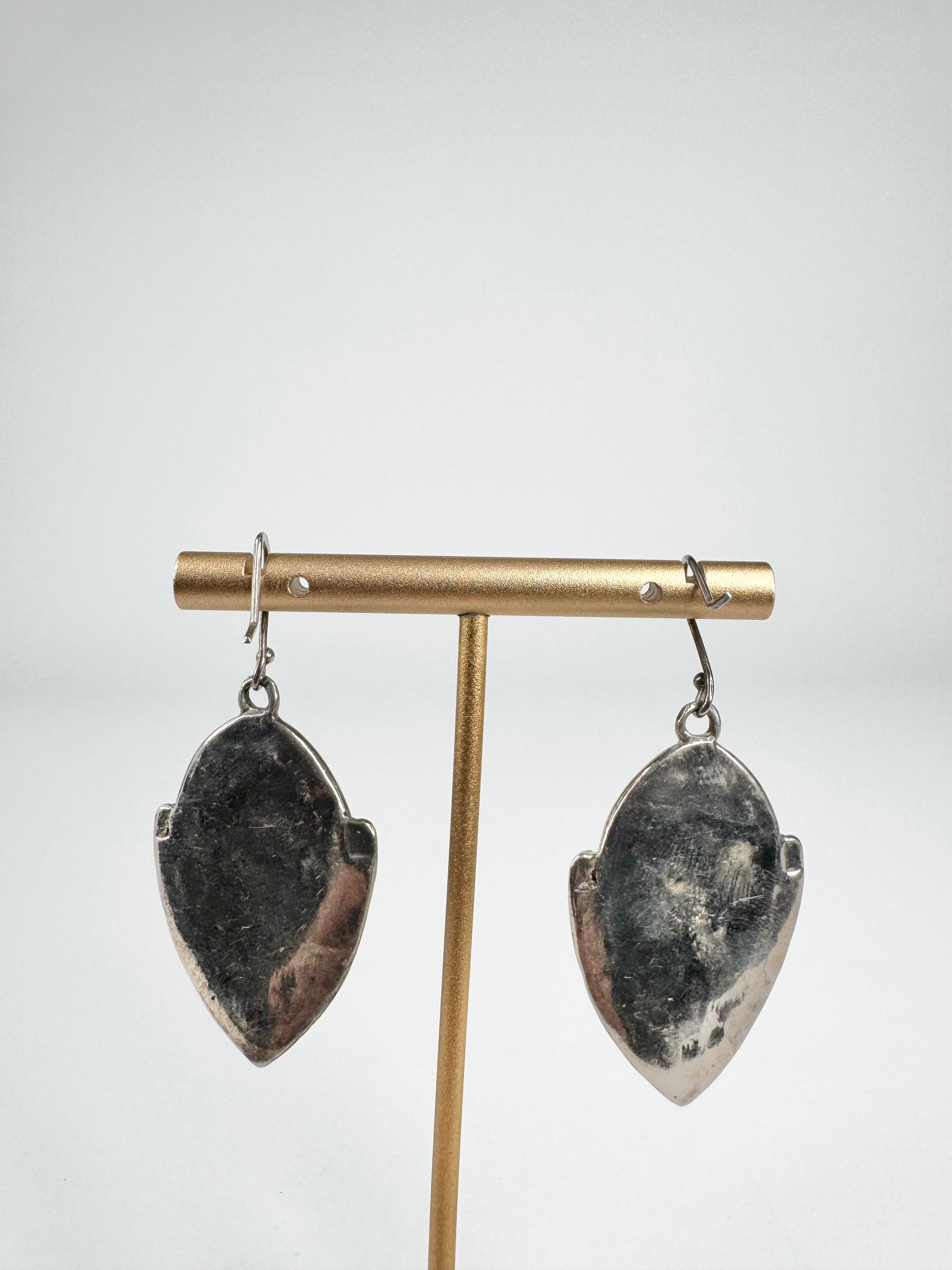 Silver Modernist Black Cabochon Drop Earrings