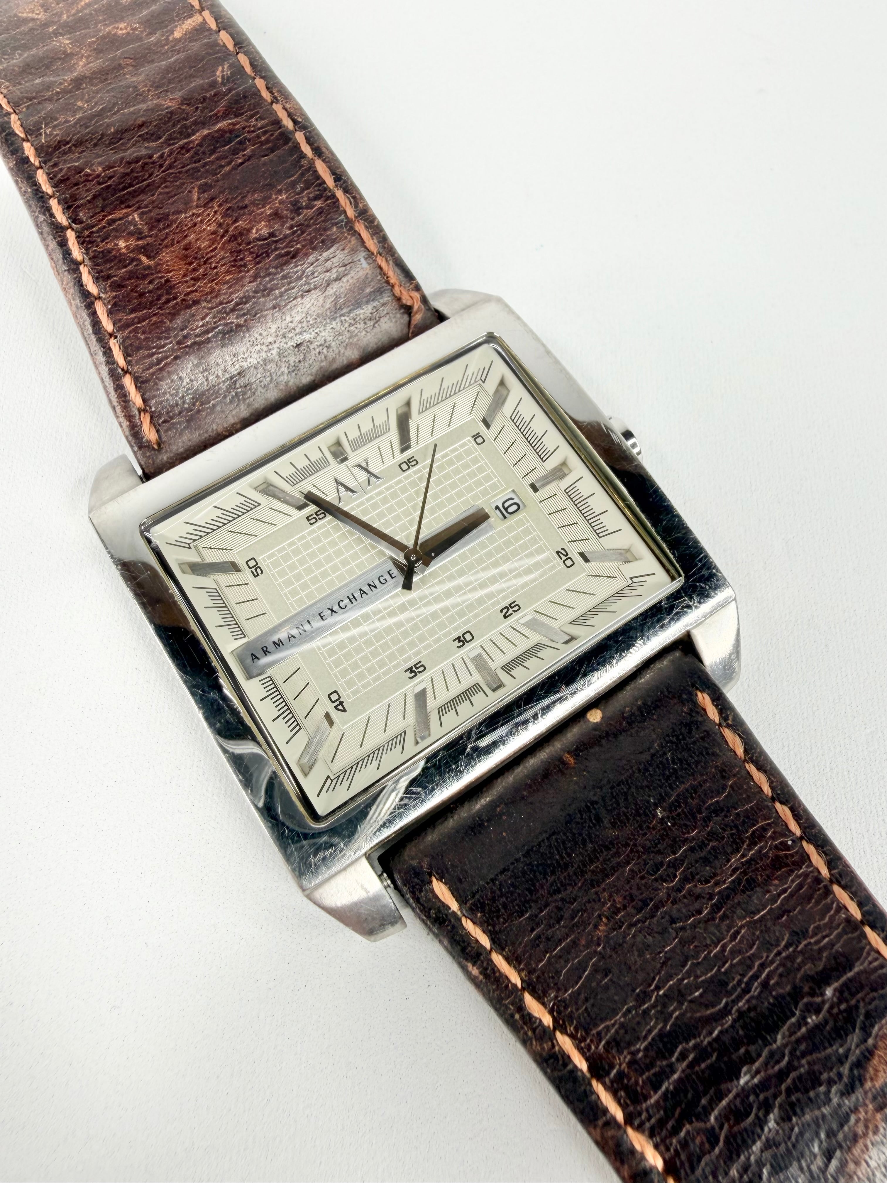 Armani Exchange Large Square 'Tenno' Ivory Grid Pattern Watch