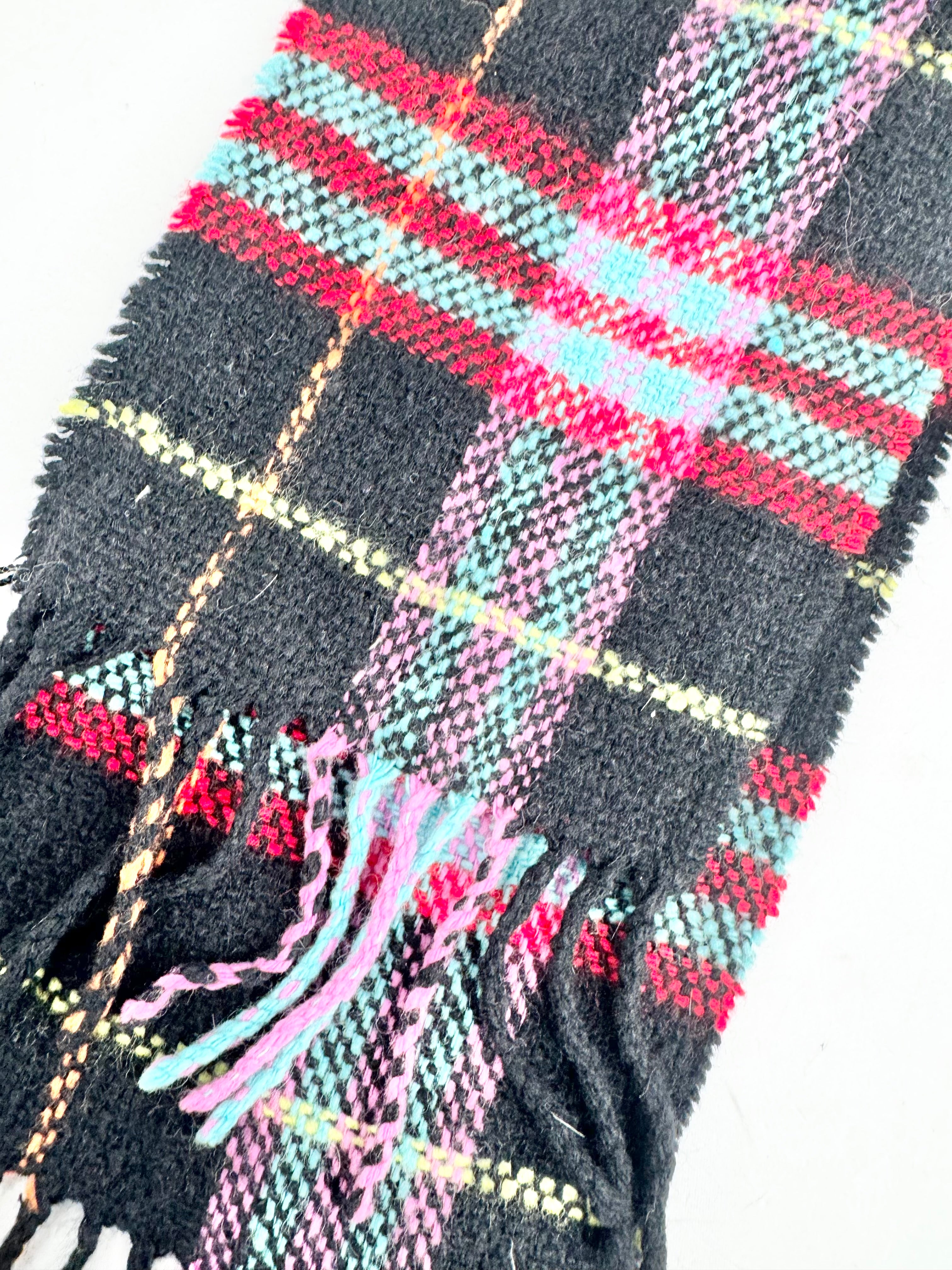 Burberry London Black, Pink, Red & Blue Plaid Angora Blend Woven Scarf