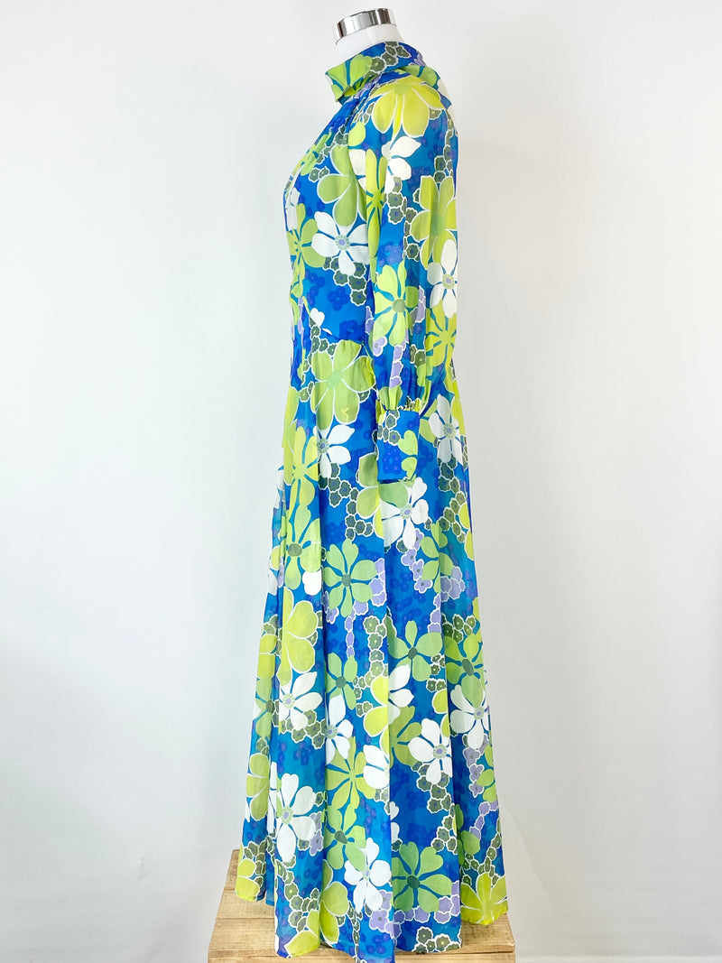 Vintage Mary Charmaine XSSW Blue & Green Sheer Floral Maxi Dress - AU10