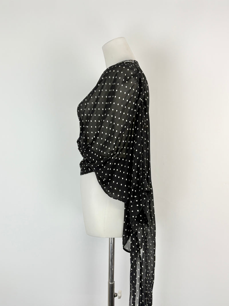 Maria Grazia Severi Black & White Dotted Sheer Wrap Blouse - AU10