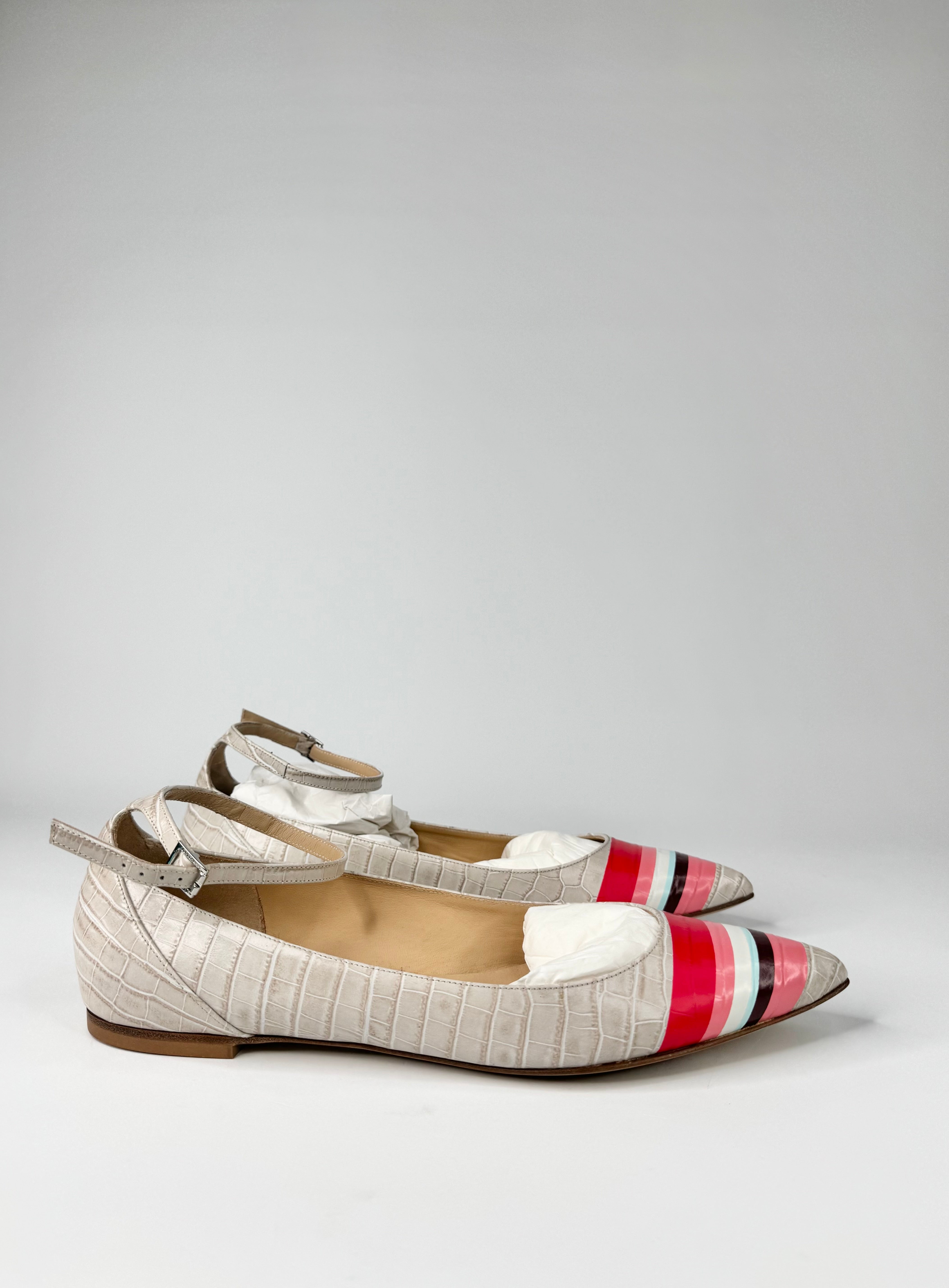 Longchamp Pale Snake Embossed Striped Pattern Pointed Toe Ballet Flats - EU41