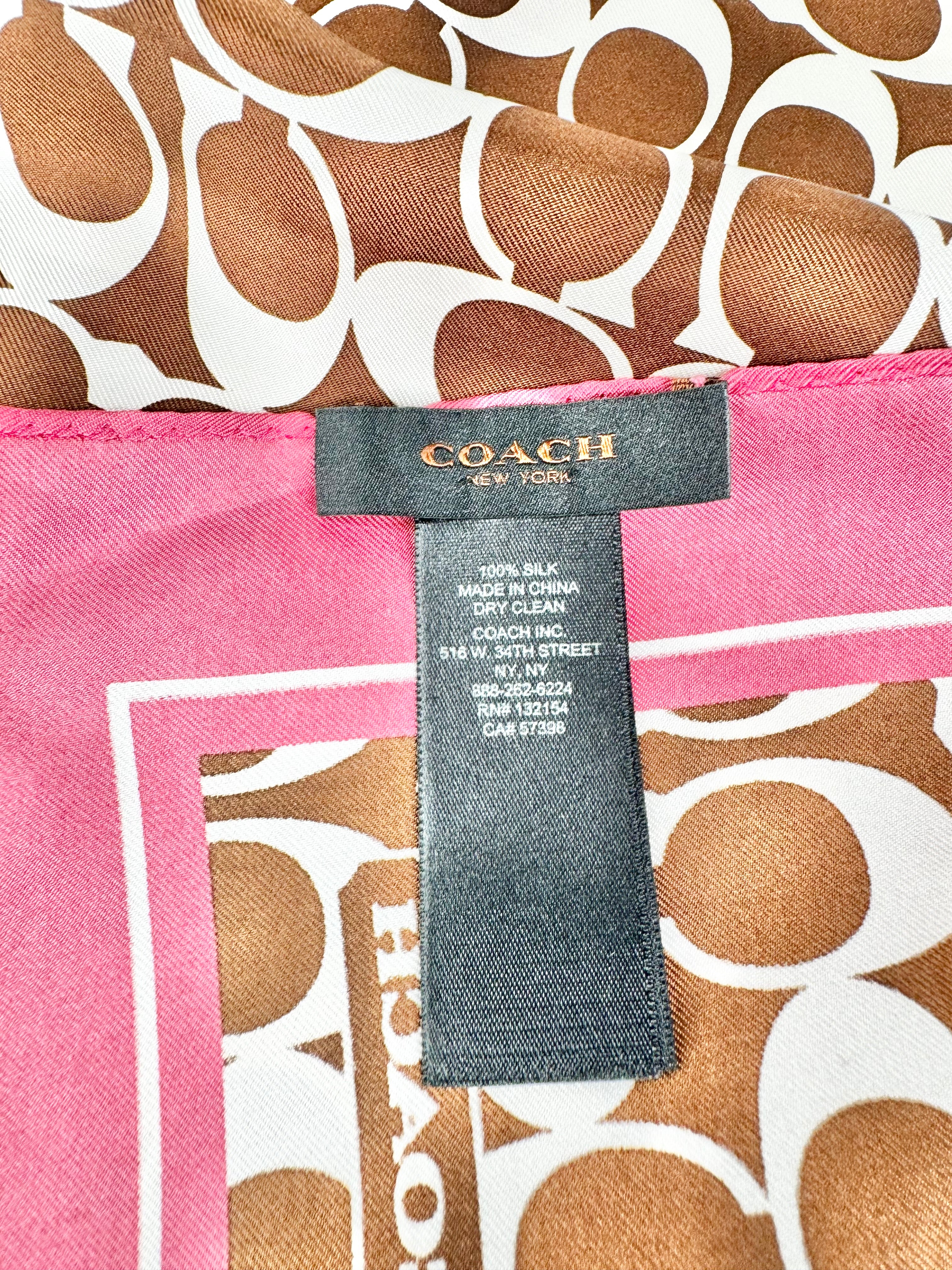 Coach Chocolate & Rose Pink Silk Logo Scarf