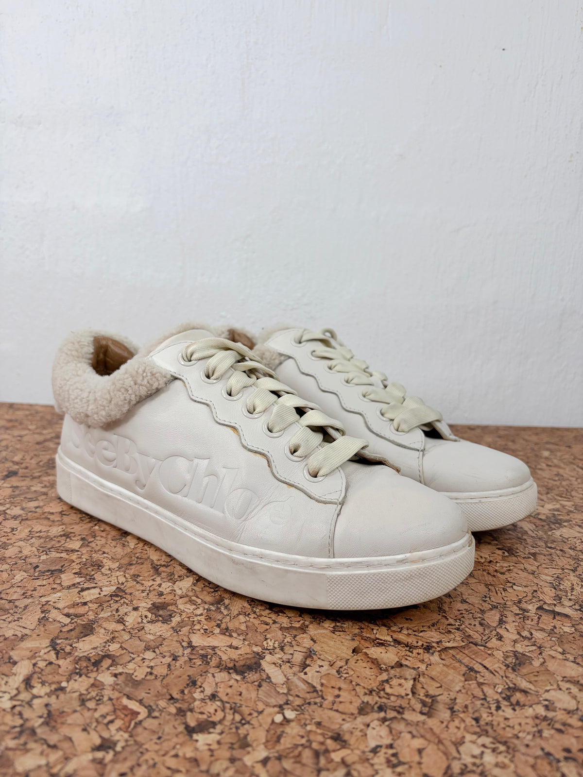 See by Chloé Ecru Shearling Trim Leather Lace Up Sneakers - EU40