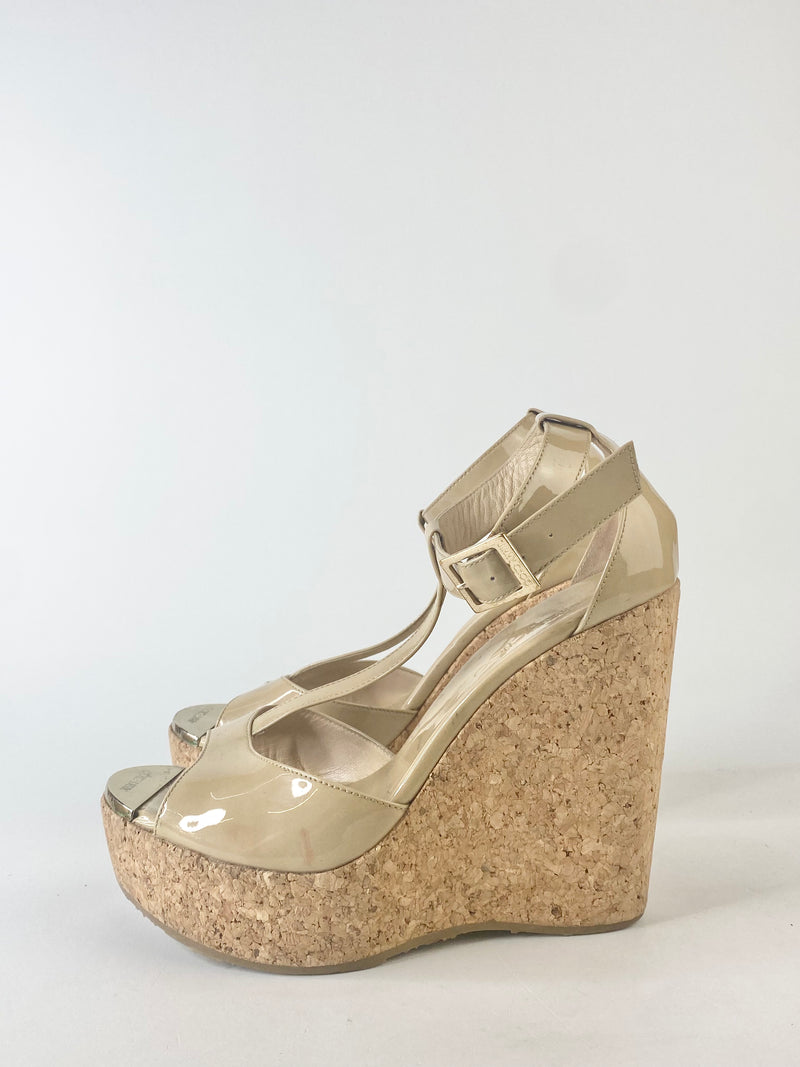 Jimmy Choo Pela Biege T-Bar Patent Leather Cork Wedge - EU36.5