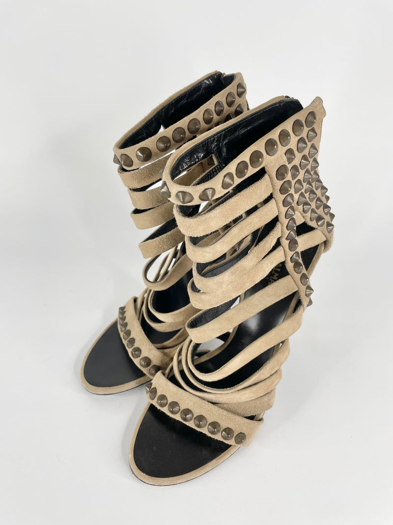 Giuseppe Zanotti X Balmain Beige Suede Studded Sandals - EU39