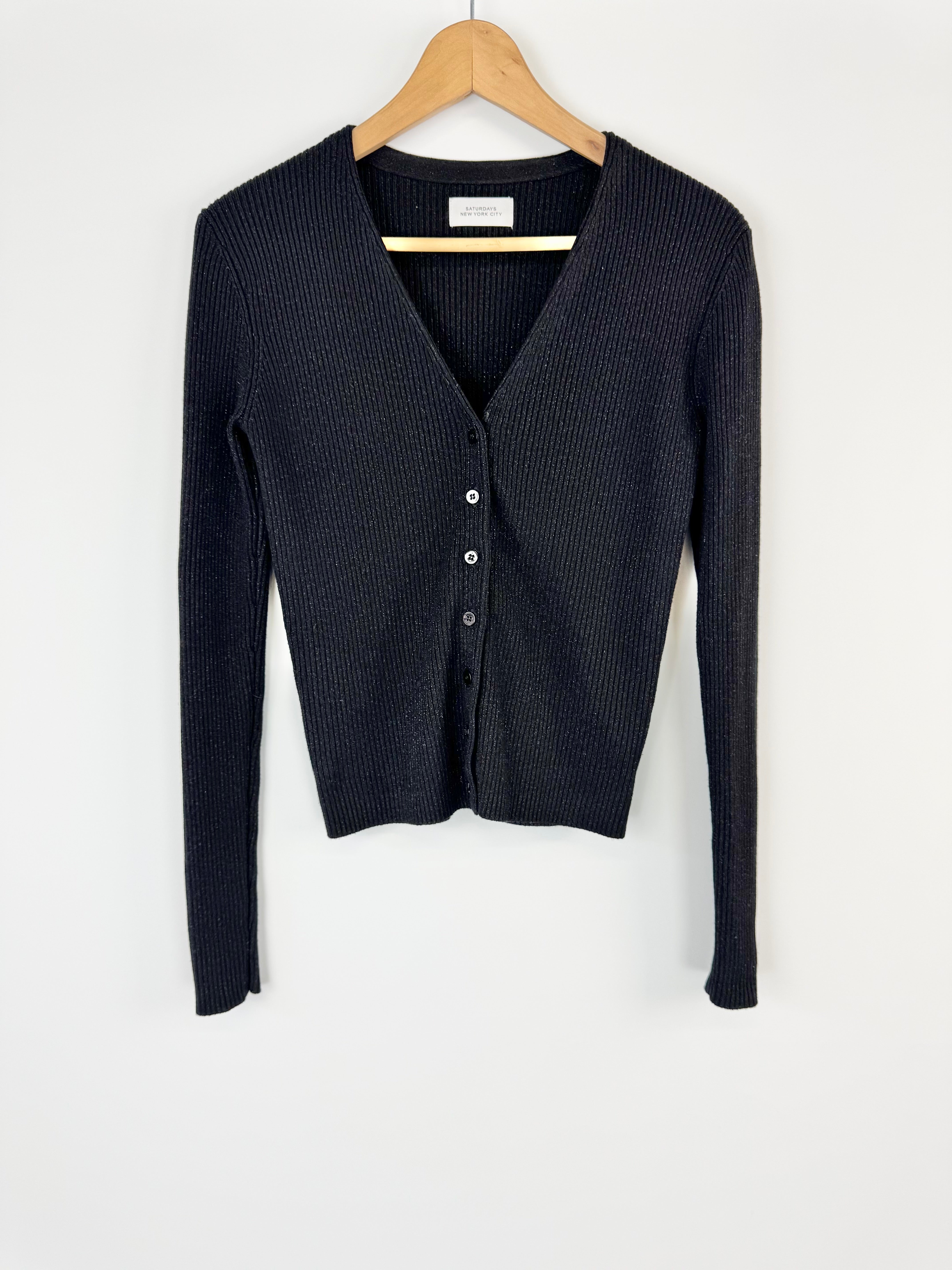 Saturdays NYC Black and Silver Lurex V-Neck Cardigan - AU10