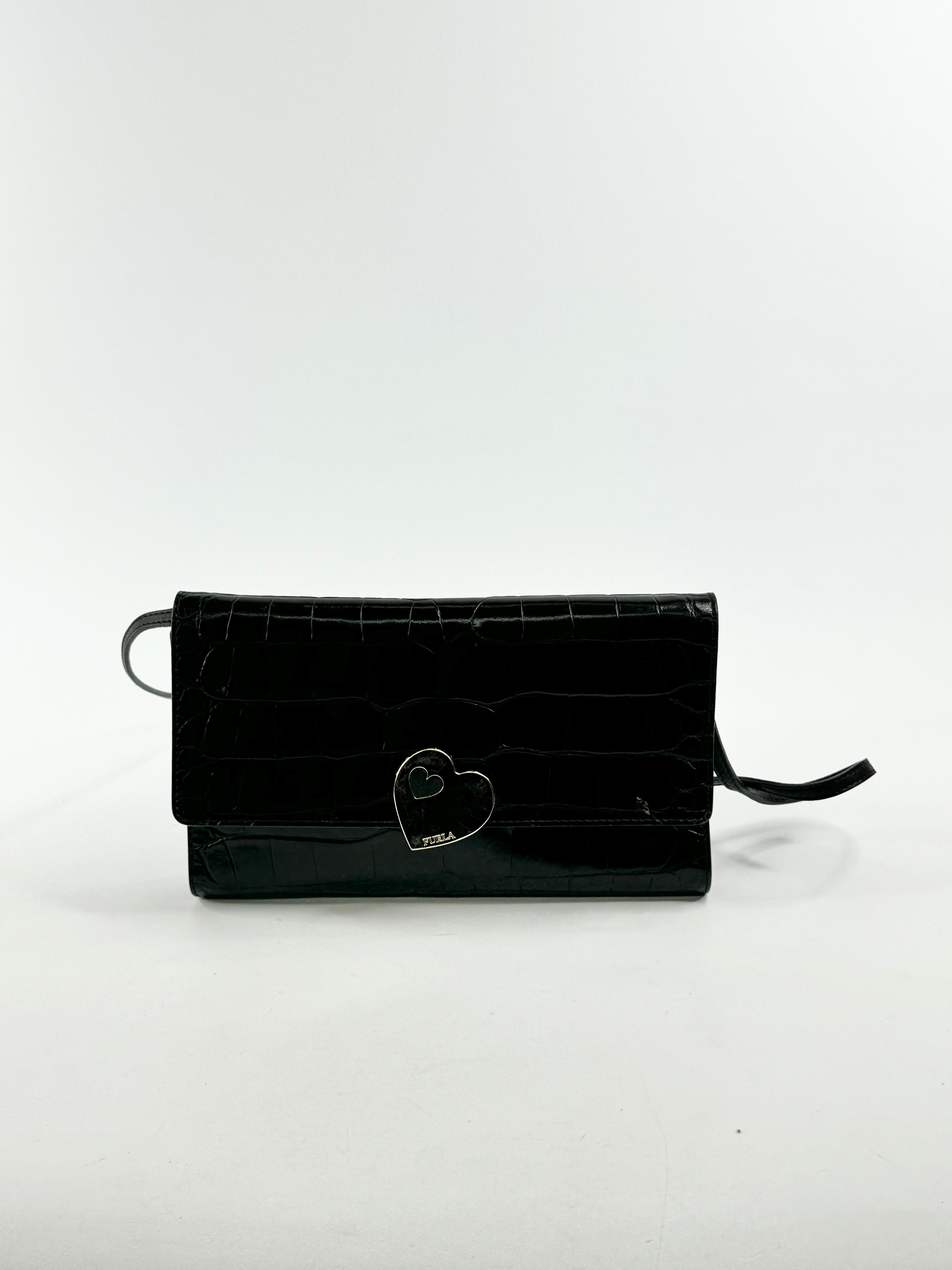 Furla Black Croc Textured Cross Body Bag