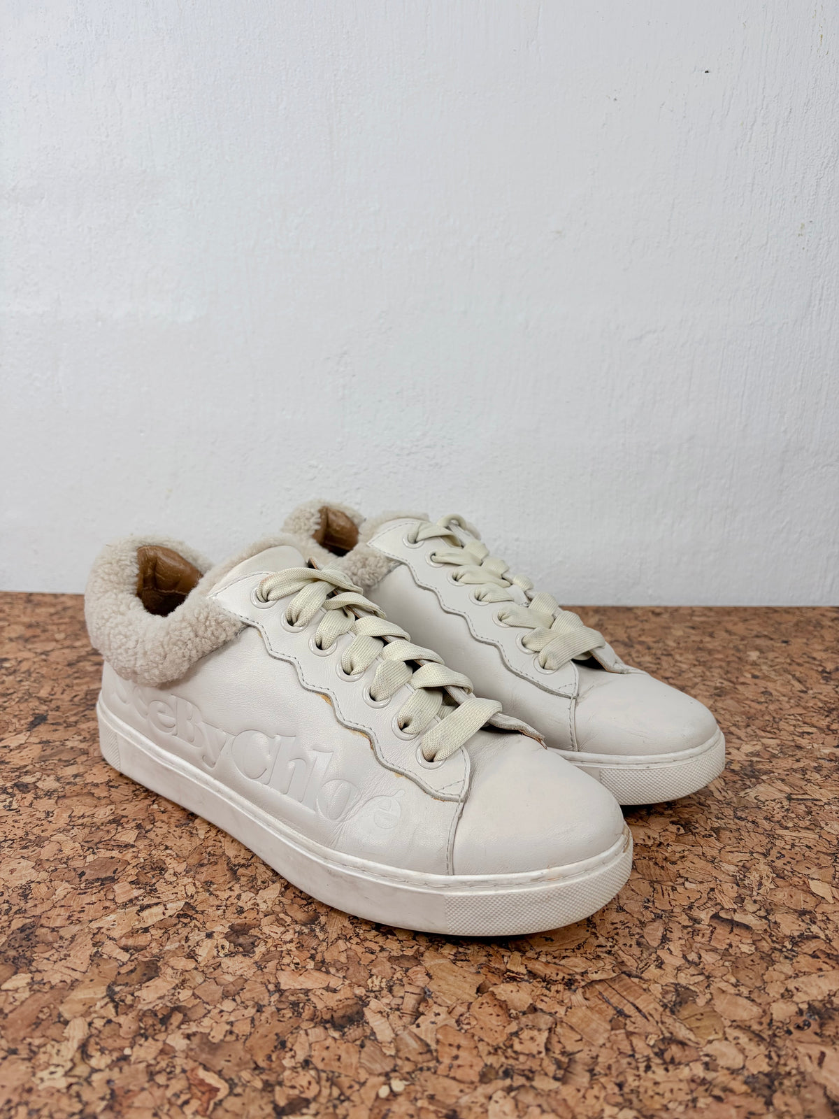 See by Chloé Ecru Shearling Trim Leather Lace Up Sneakers - EU40