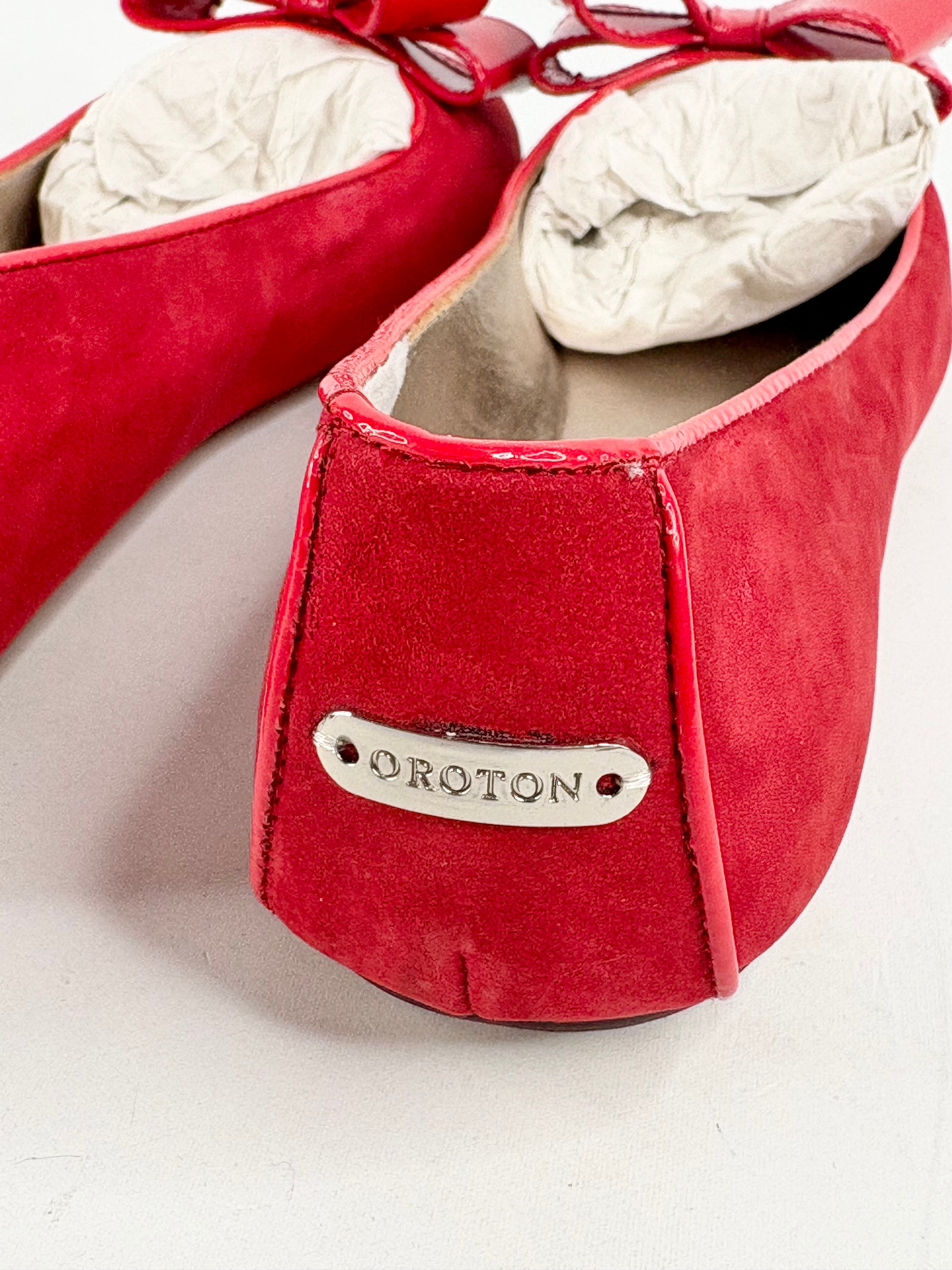 Oroton Spiced Coral 'Essential' Suede Bow Flats - EU42