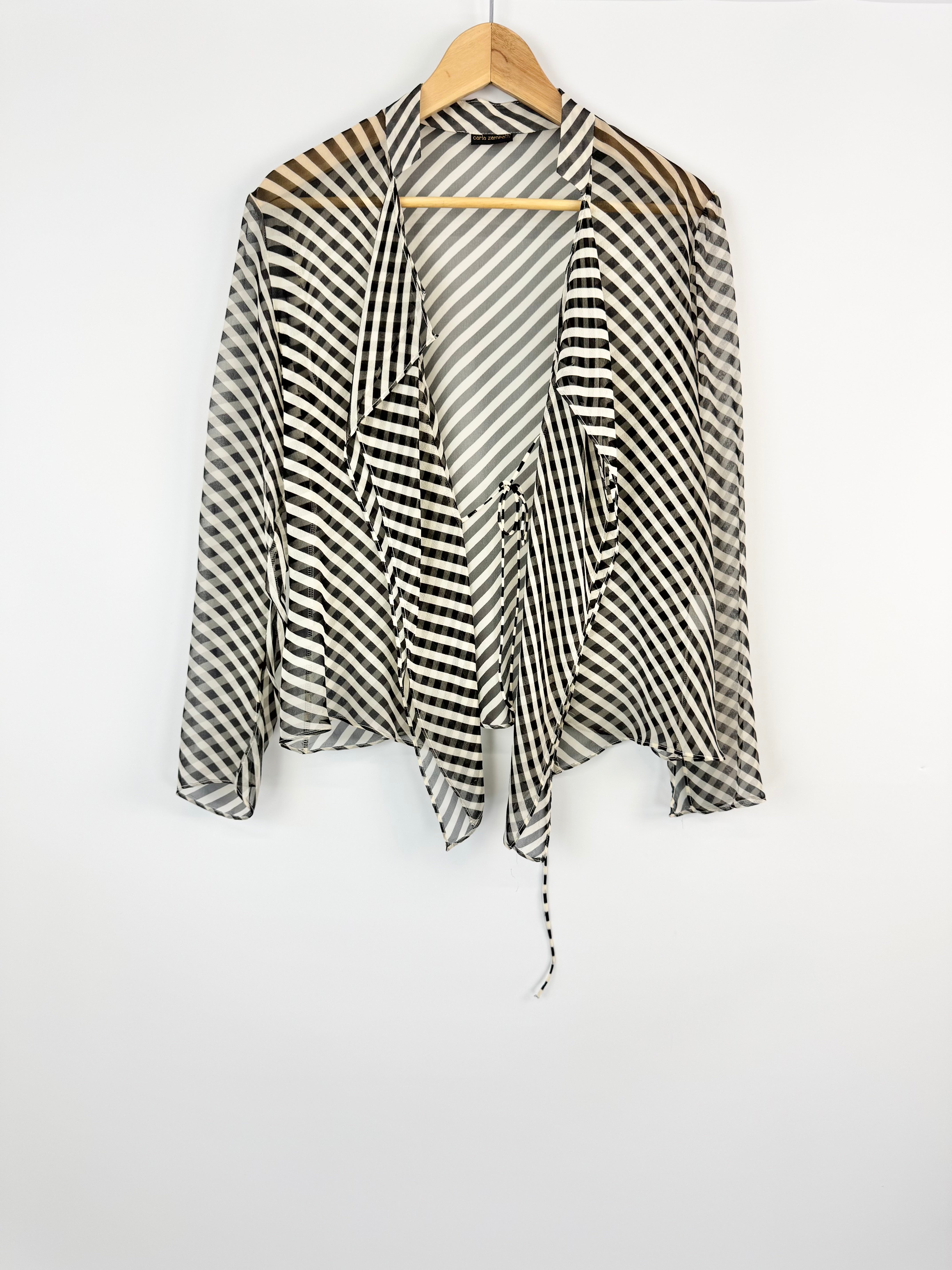 Carla Zampatti Black and Cream Sheer Stripe Silk Blouse - AU8