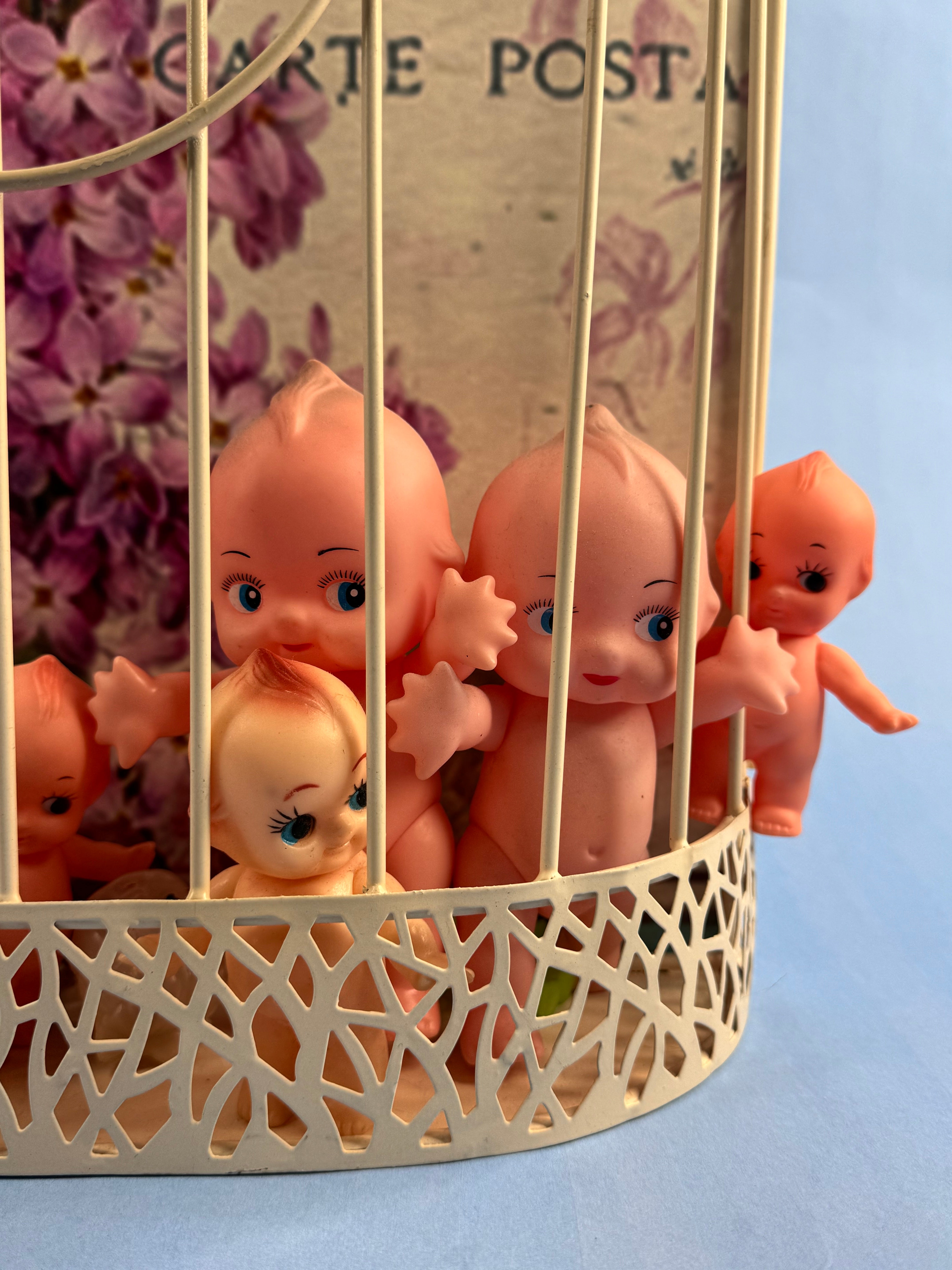 Cream Wall Mounted Bird Cage Inexplicably Filled with Kewpie Babies