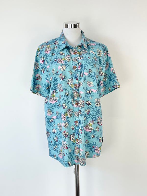 Mambo Sky Blue Skulls Pattern Short Sleeve Shirt - M