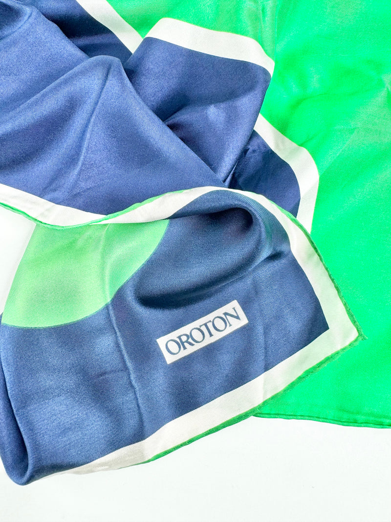 Oroton Navy & Green Square Silk Scarf