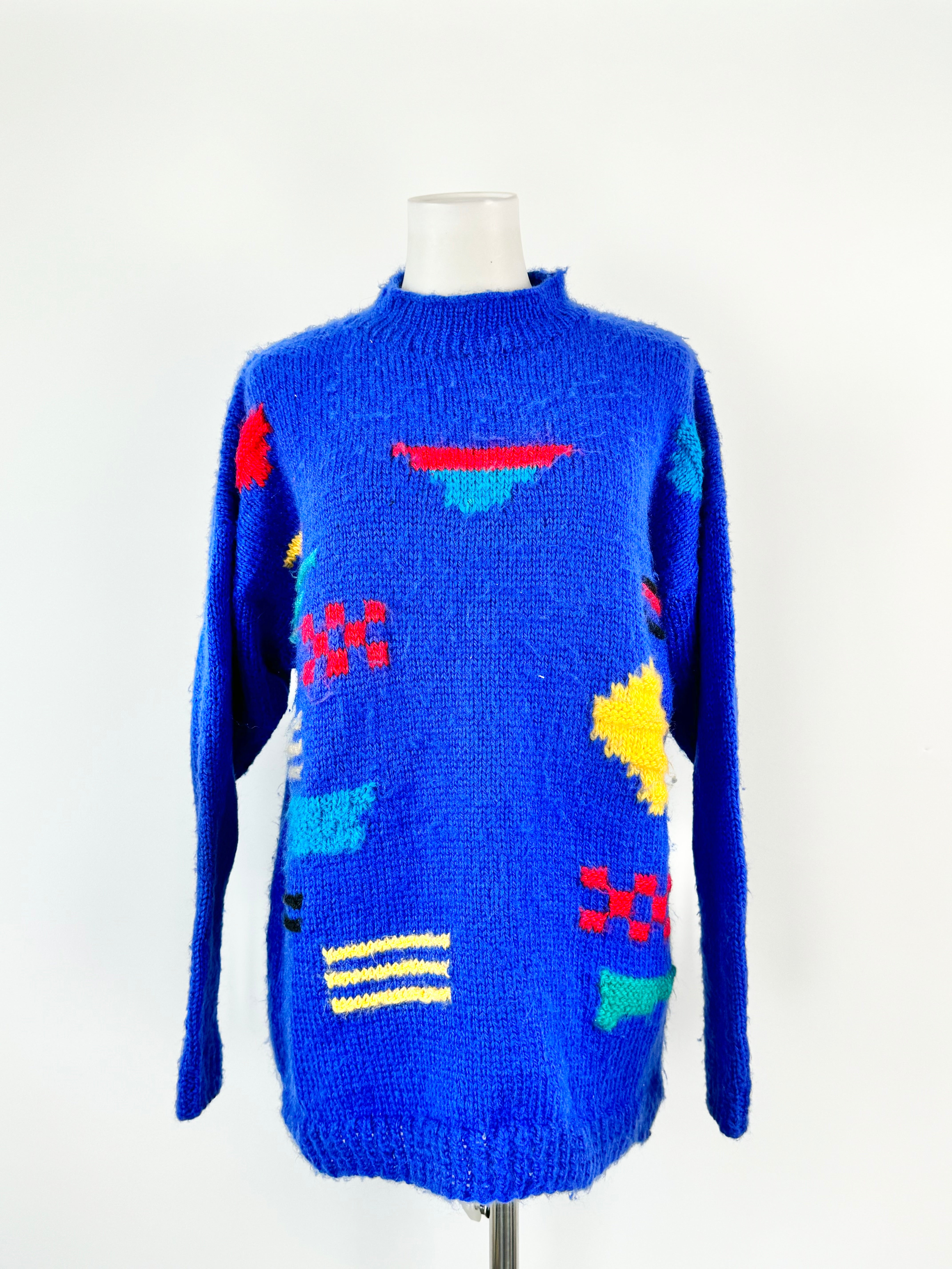 Vintage 80s Blue Hand Knitted Jumper - AU10