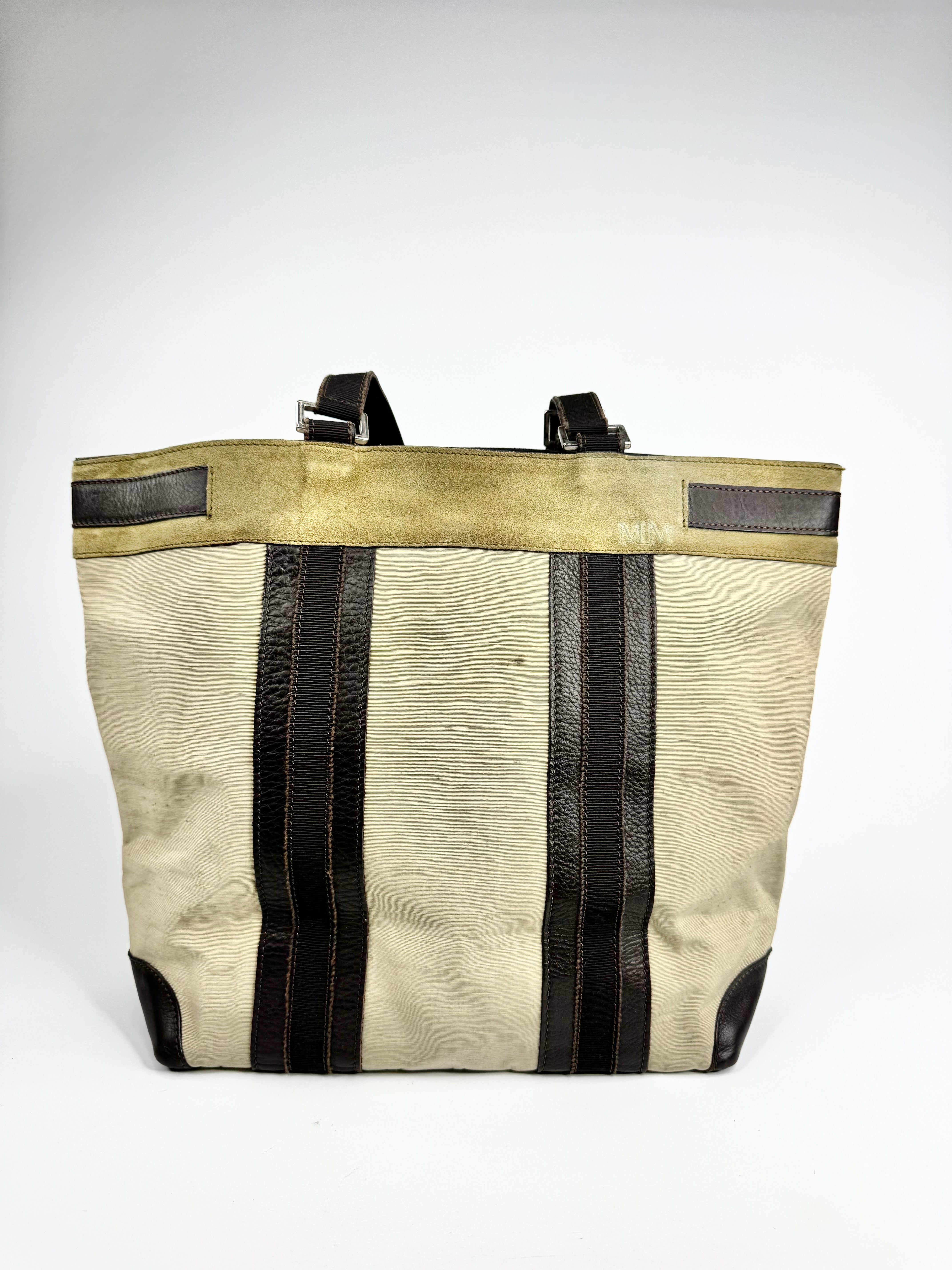 Vintage Max Mara Khaki Leather & Fabric Tote